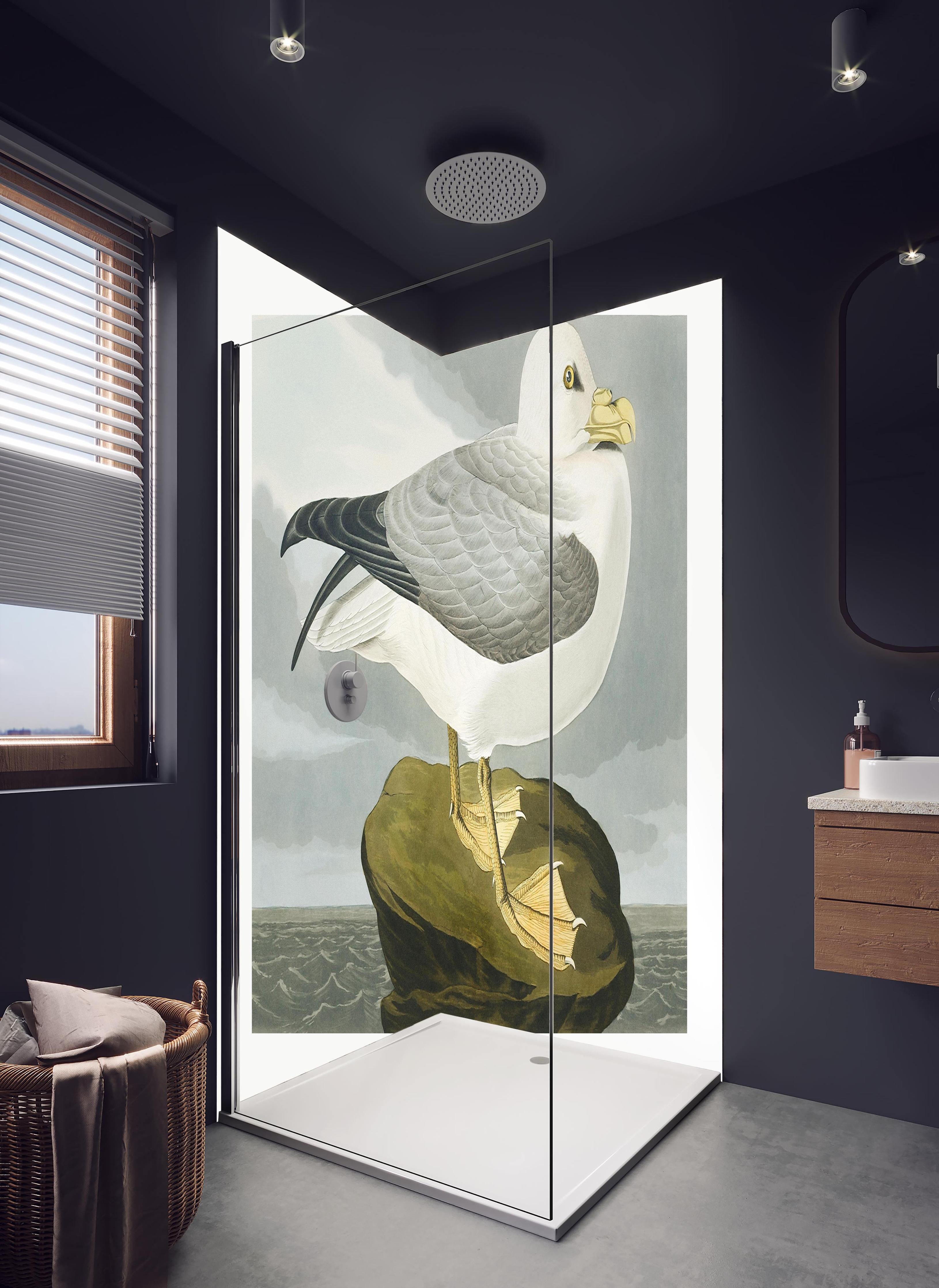 Duschrückwand - Möwe im Meer - Robert Havell in hellem Badezimmer mit Regenduschkopf - zweiteilige Eck-Duschrückwand