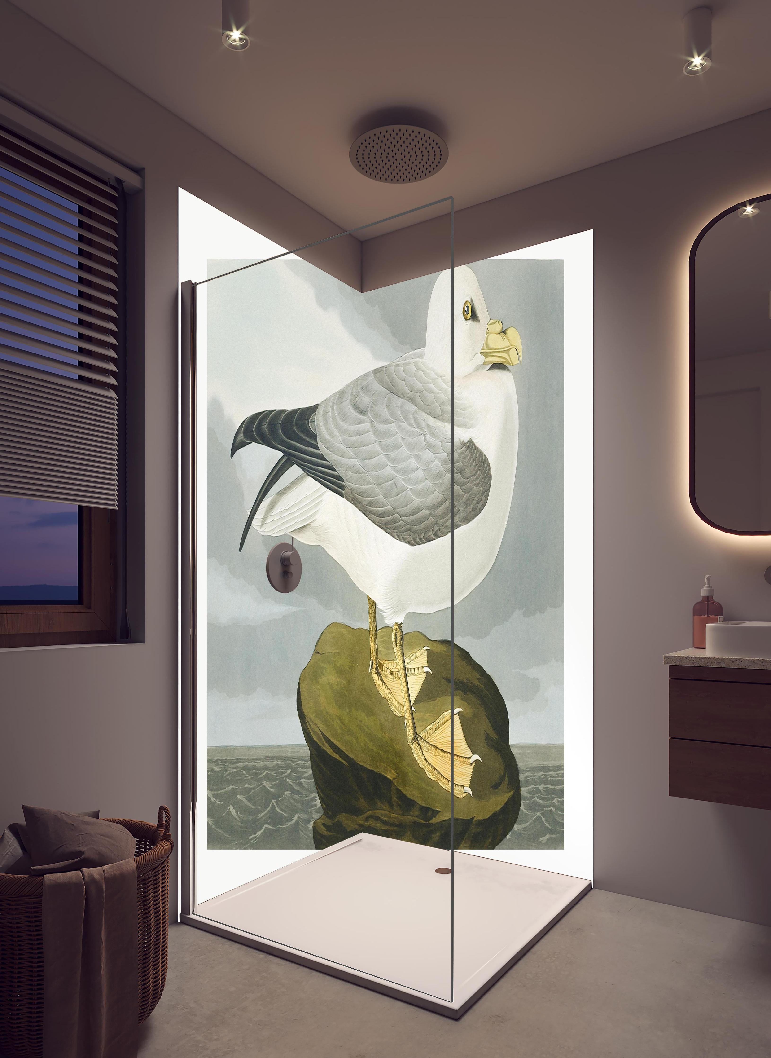 Duschrückwand - Möwe im Meer - Robert Havell in hellem Badezimmer mit Regenduschkopf - zweiteilige Eck-Duschrückwand