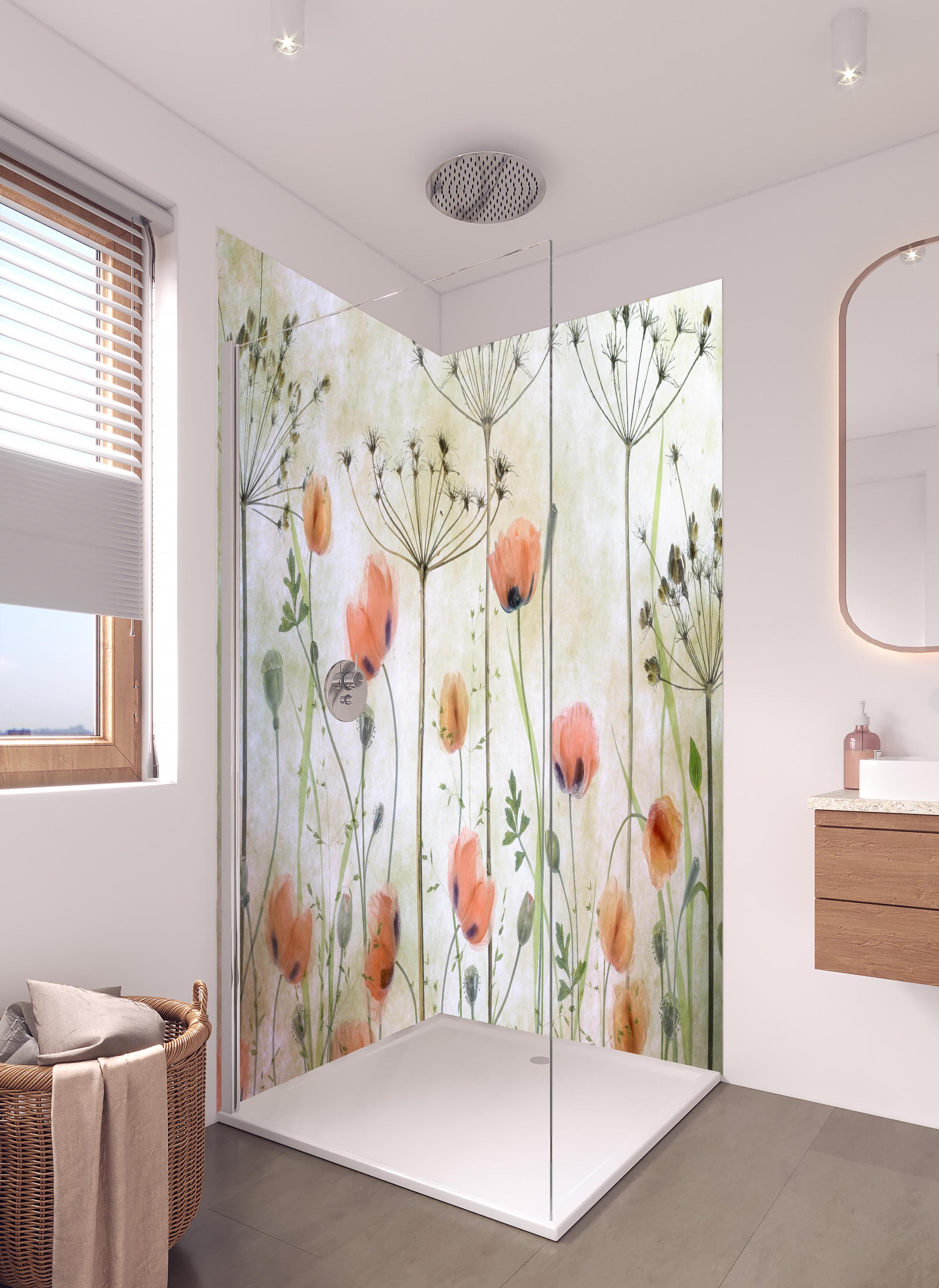Duschrückwand - Mohnblumen - Florale Zeichnung in hellem Badezimmer mit Regenduschkopf - zweiteilige Eck-Duschrückwand