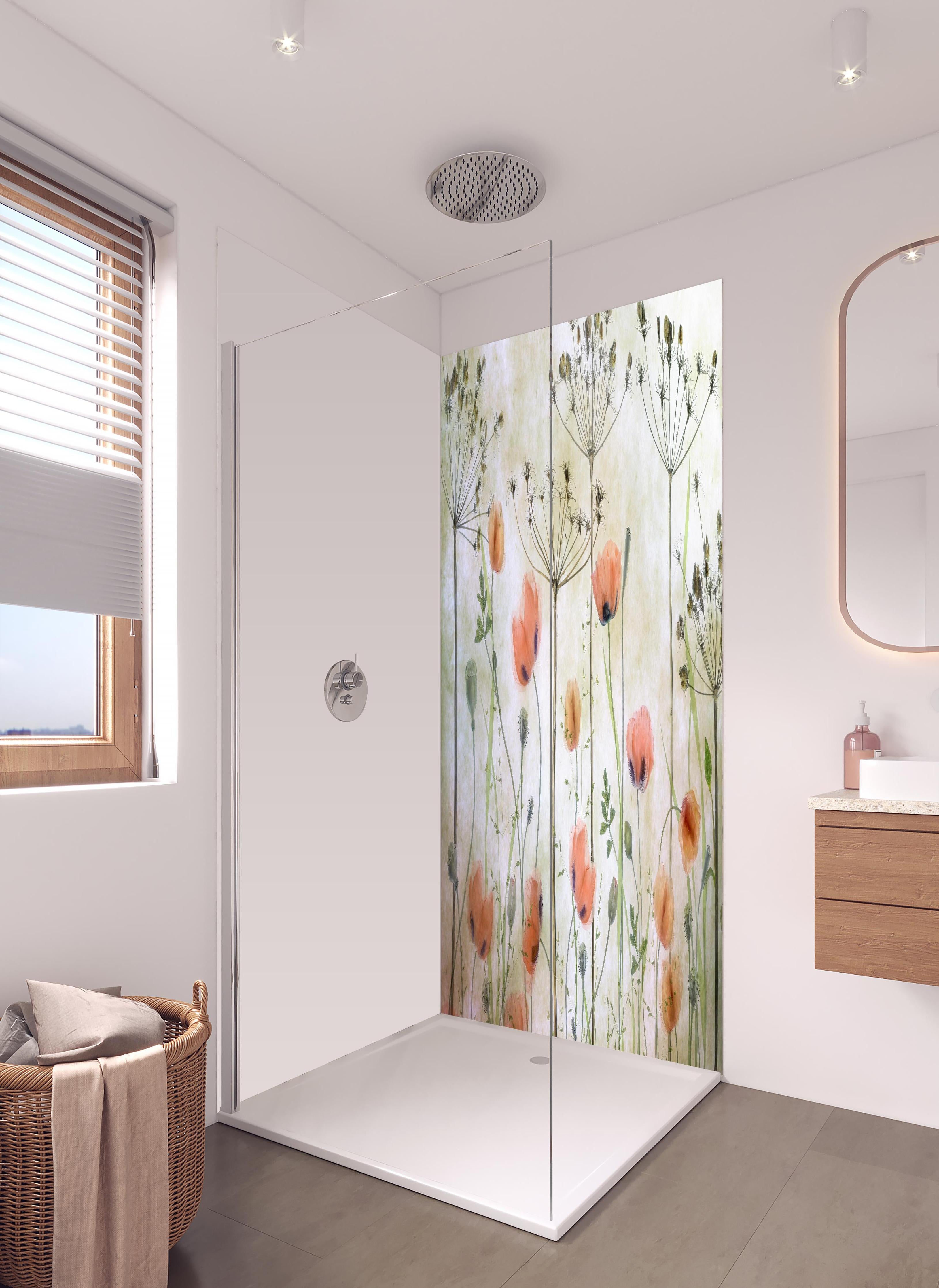 Duschrückwand - Mohnblumen - Florale Zeichnung in hellem Badezimmer mit Regenduschkopf - zweiteilige Eck-Duschrückwand