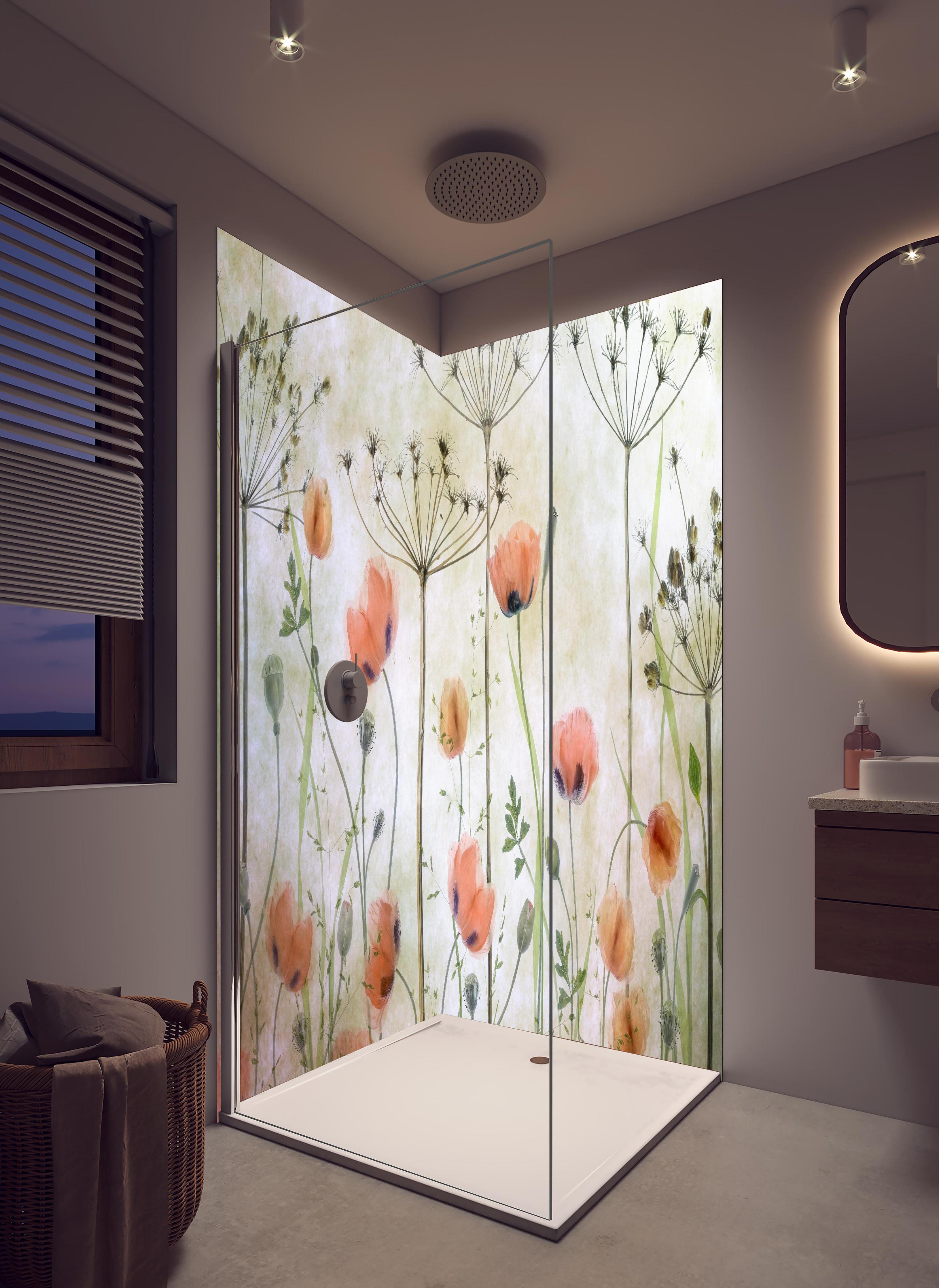 Duschrückwand - Mohnblumen - Florale Zeichnung in hellem Badezimmer mit Regenduschkopf - zweiteilige Eck-Duschrückwand