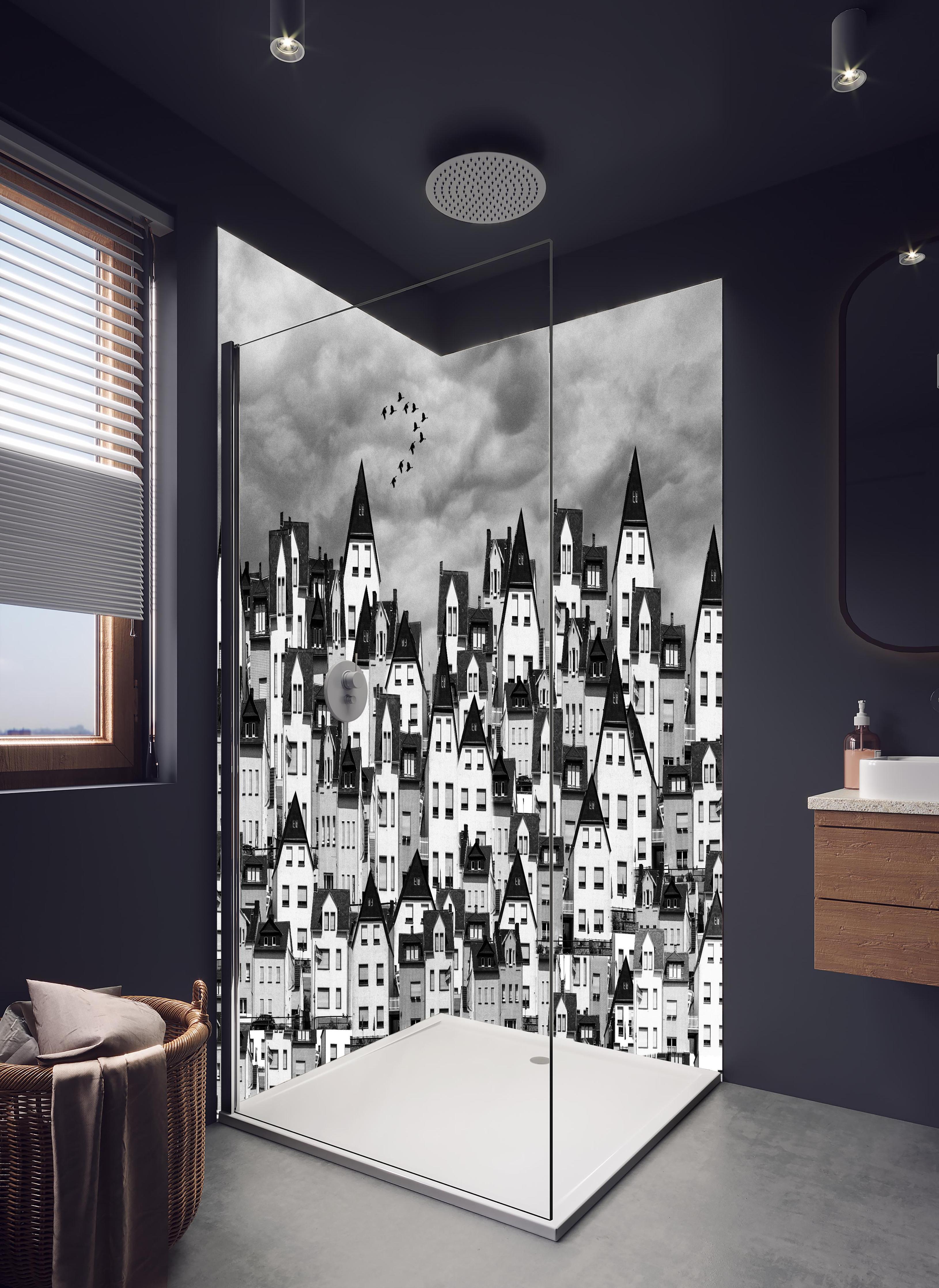 Duschrückwand - Monochrome Stadtsilhouette mit Vögeln in hellem Badezimmer mit Regenduschkopf - zweiteilige Eck-Duschrückwand