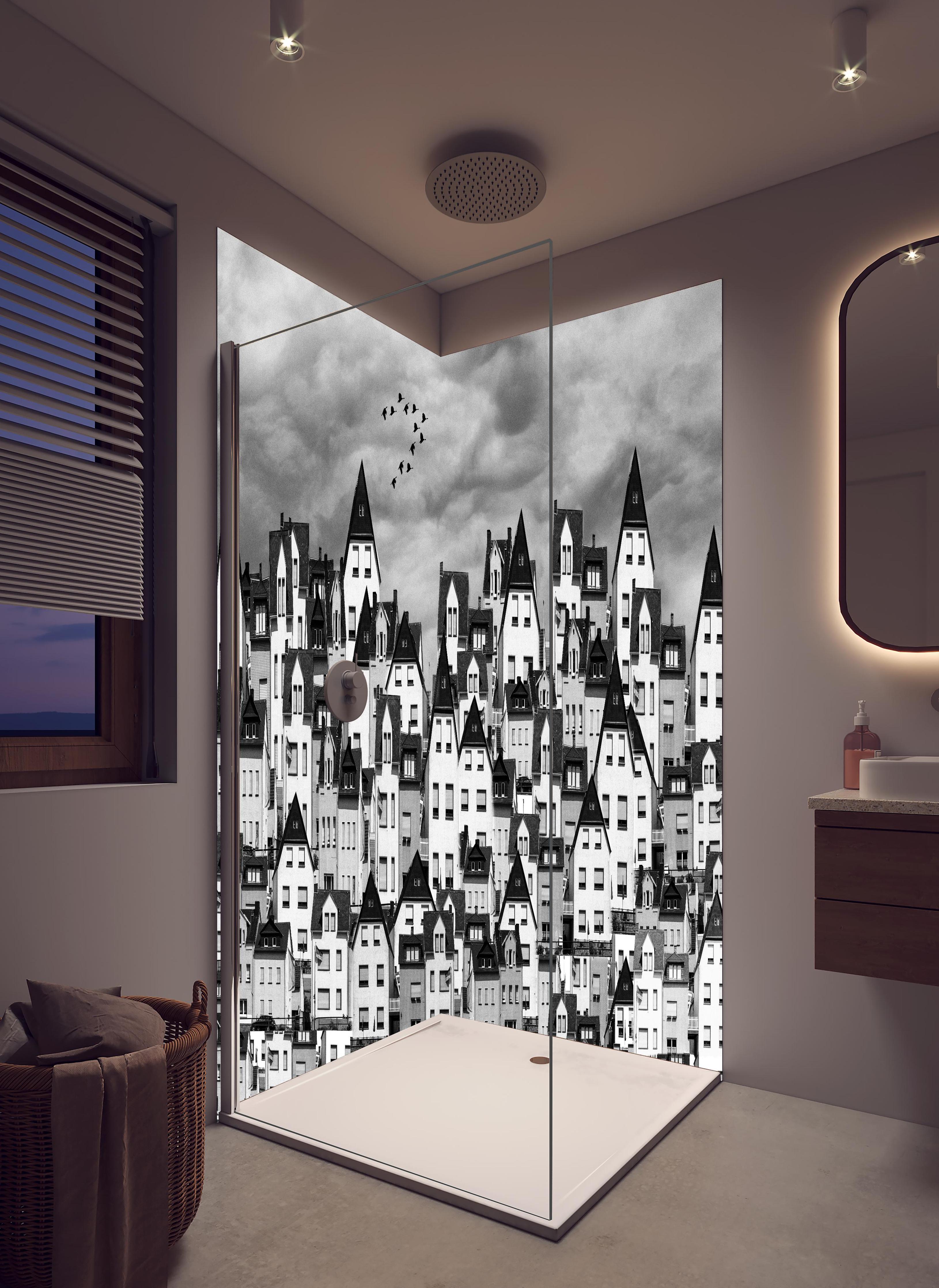 Duschrückwand - Monochrome Stadtsilhouette mit Vögeln in hellem Badezimmer mit Regenduschkopf - zweiteilige Eck-Duschrückwand