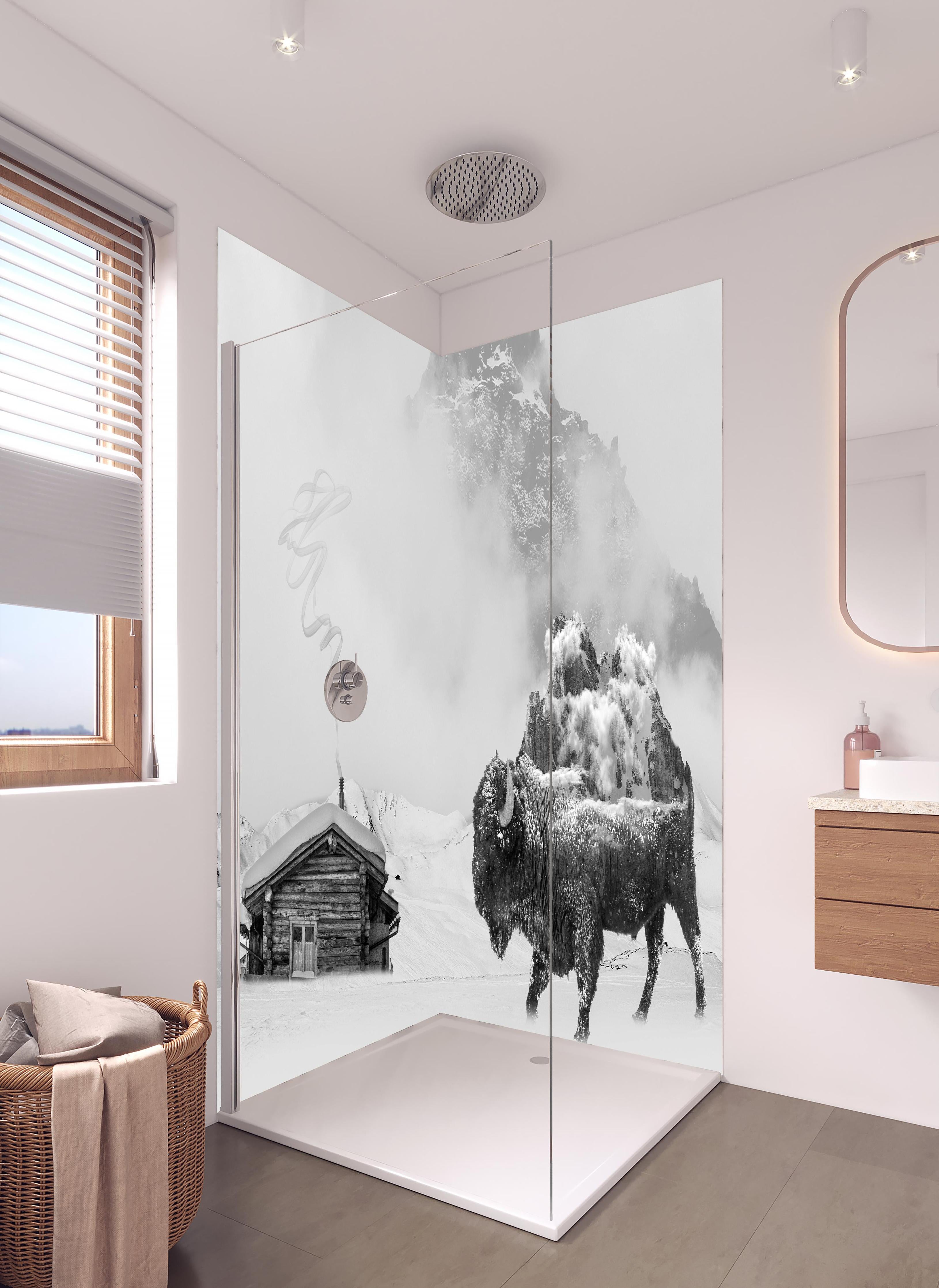 Duschrückwand - Monochromes Bison-Motiv Winterlandschaft in hellem Badezimmer mit Regenduschkopf - zweiteilige Eck-Duschrückwand