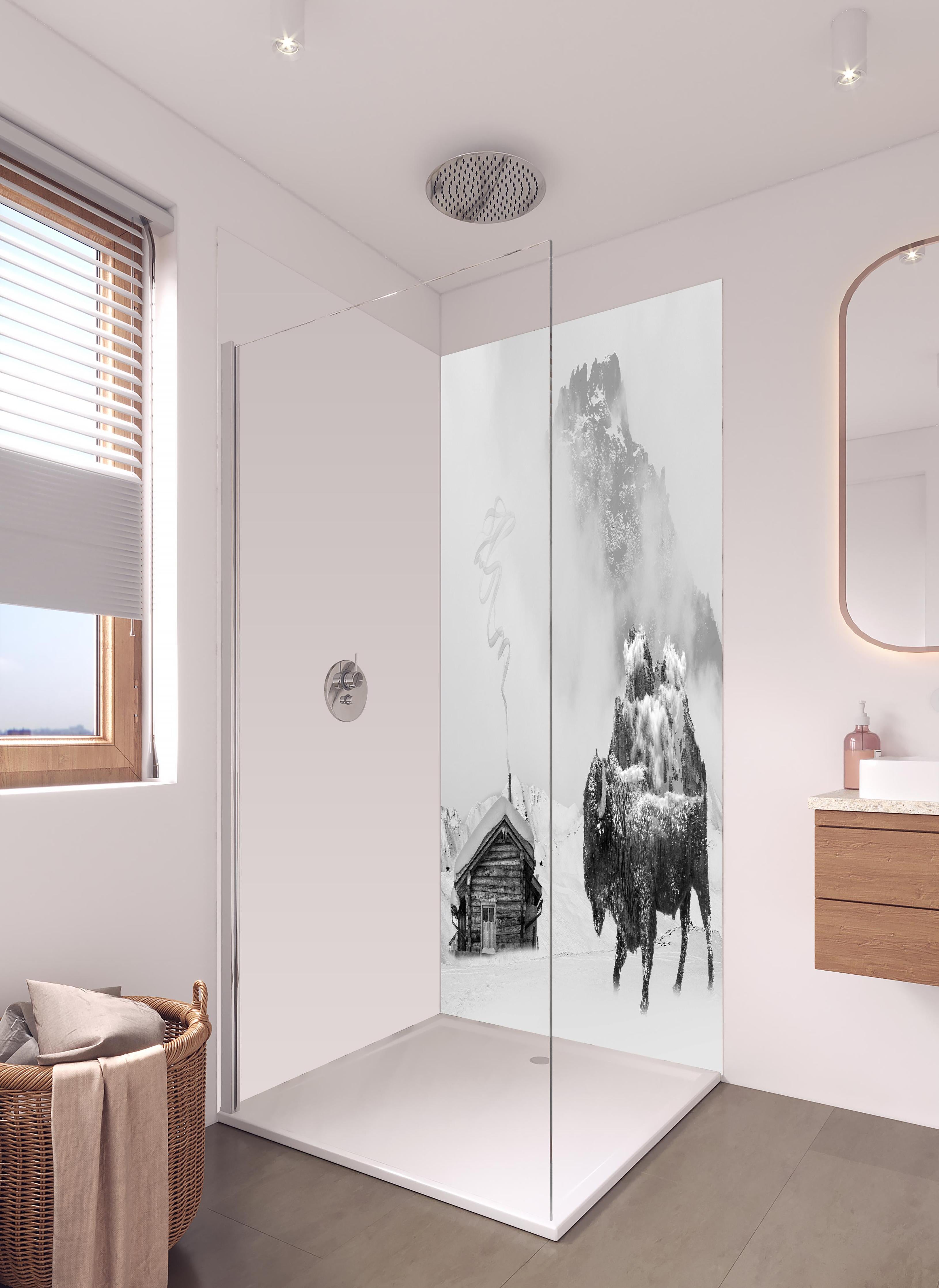 Duschrückwand - Monochromes Bison-Motiv Winterlandschaft in hellem Badezimmer mit Regenduschkopf - zweiteilige Eck-Duschrückwand
