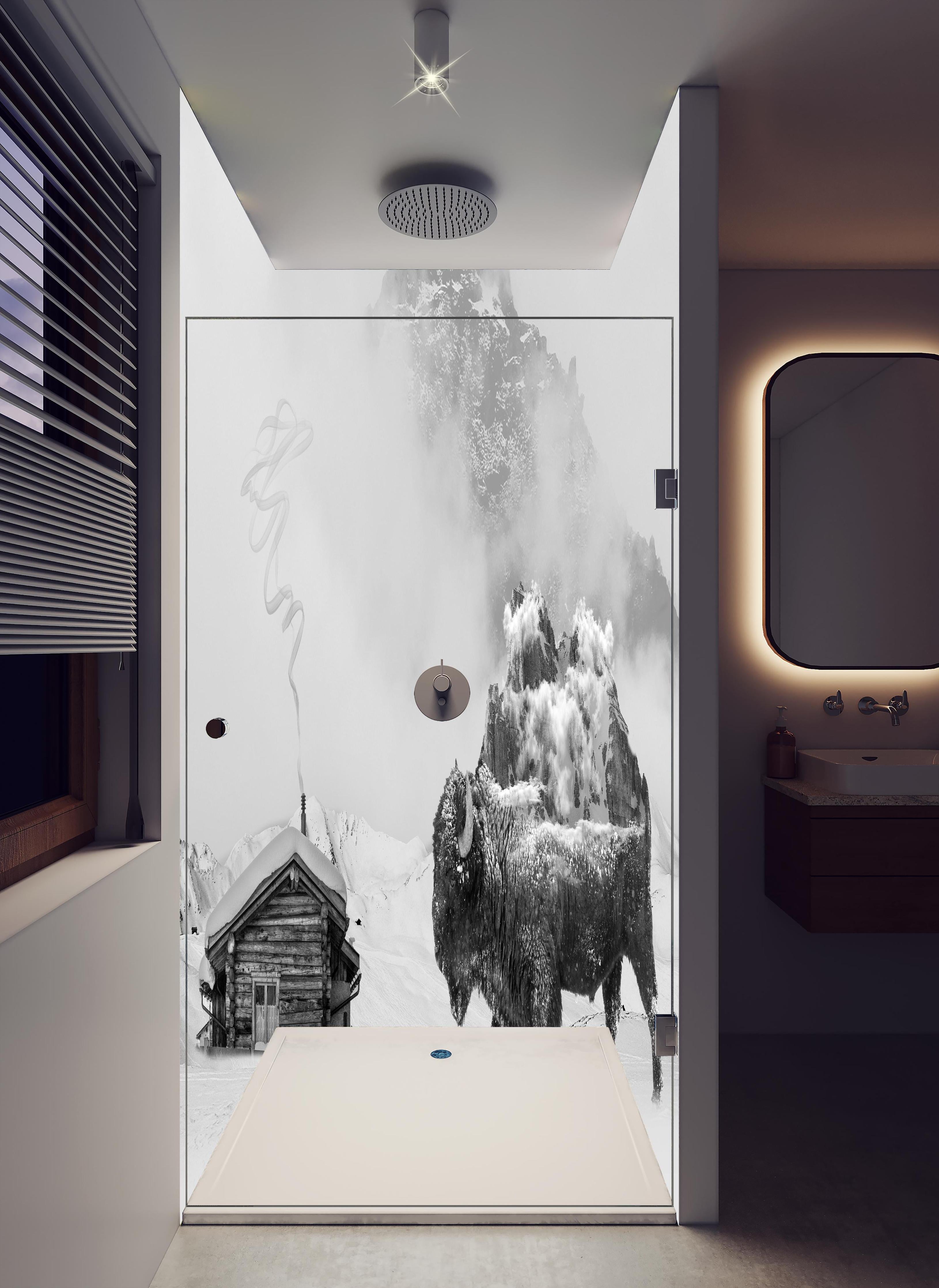Duschrückwand - Monochromes Bison-Motiv Winterlandschaft in hellem Badezimmer mit Regenduschkopf - zweiteilige Eck-Duschrückwand