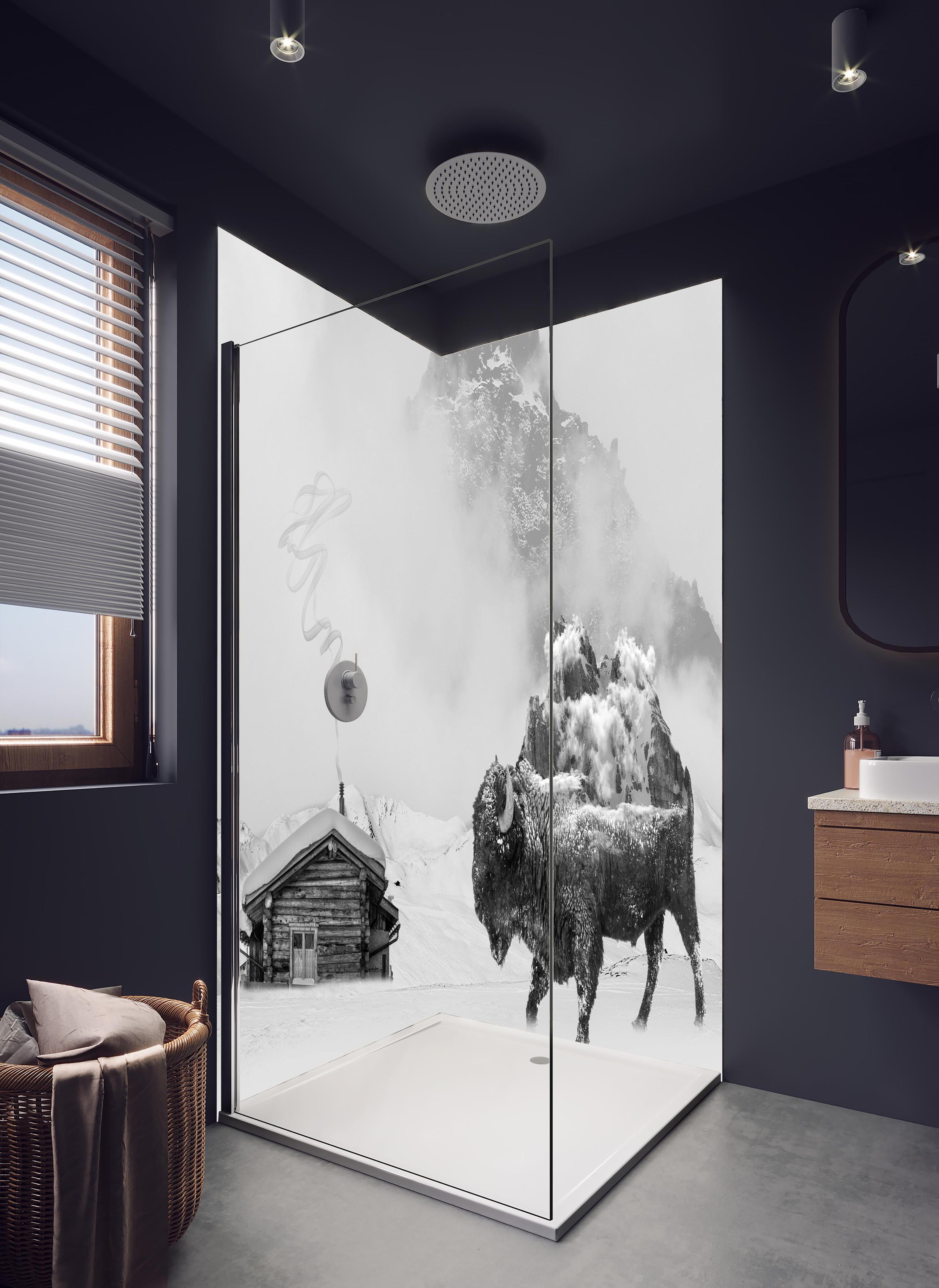 Duschrückwand - Monochromes Bison-Motiv Winterlandschaft in hellem Badezimmer mit Regenduschkopf - zweiteilige Eck-Duschrückwand