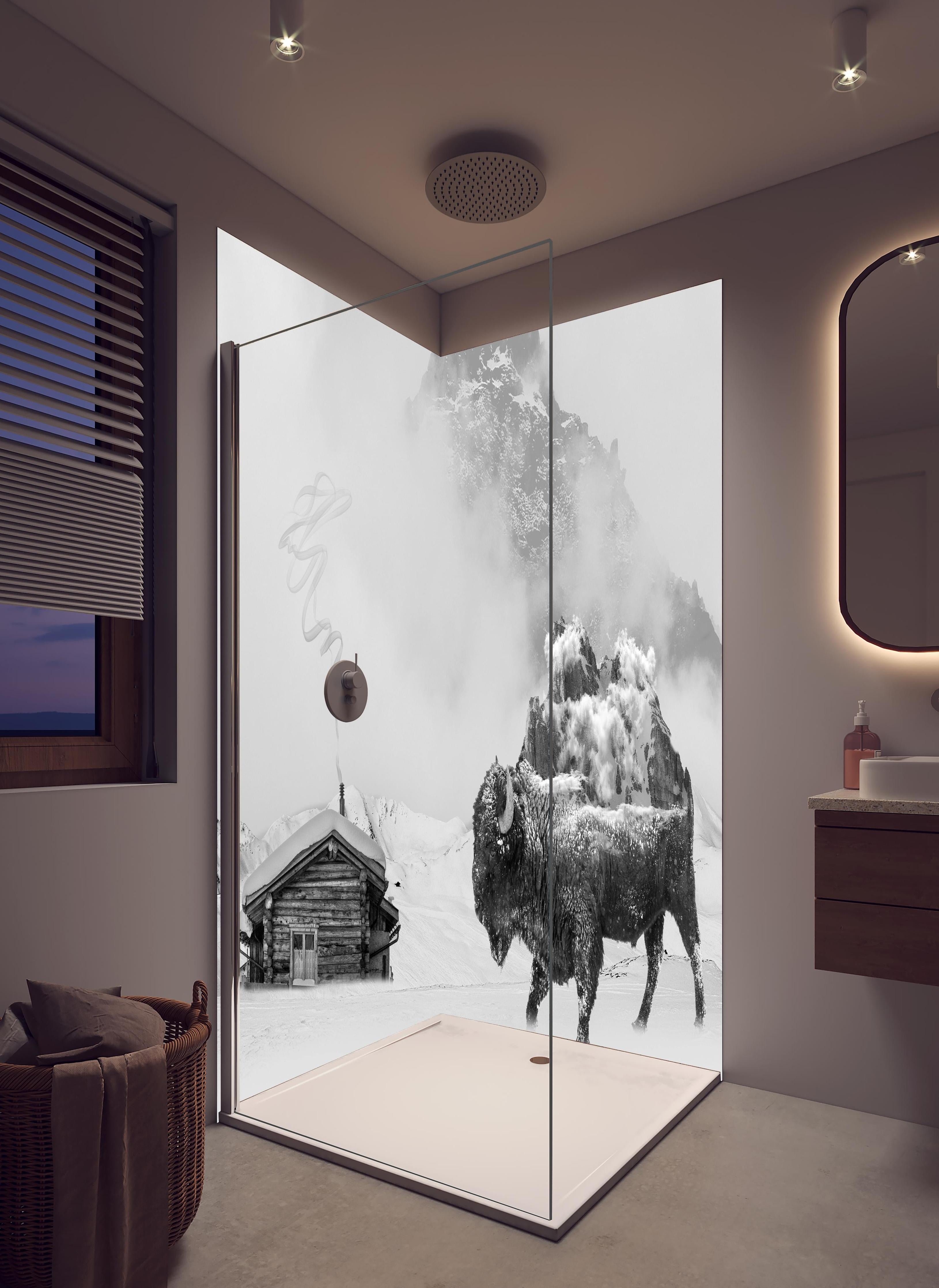Duschrückwand - Monochromes Bison-Motiv Winterlandschaft in hellem Badezimmer mit Regenduschkopf - zweiteilige Eck-Duschrückwand