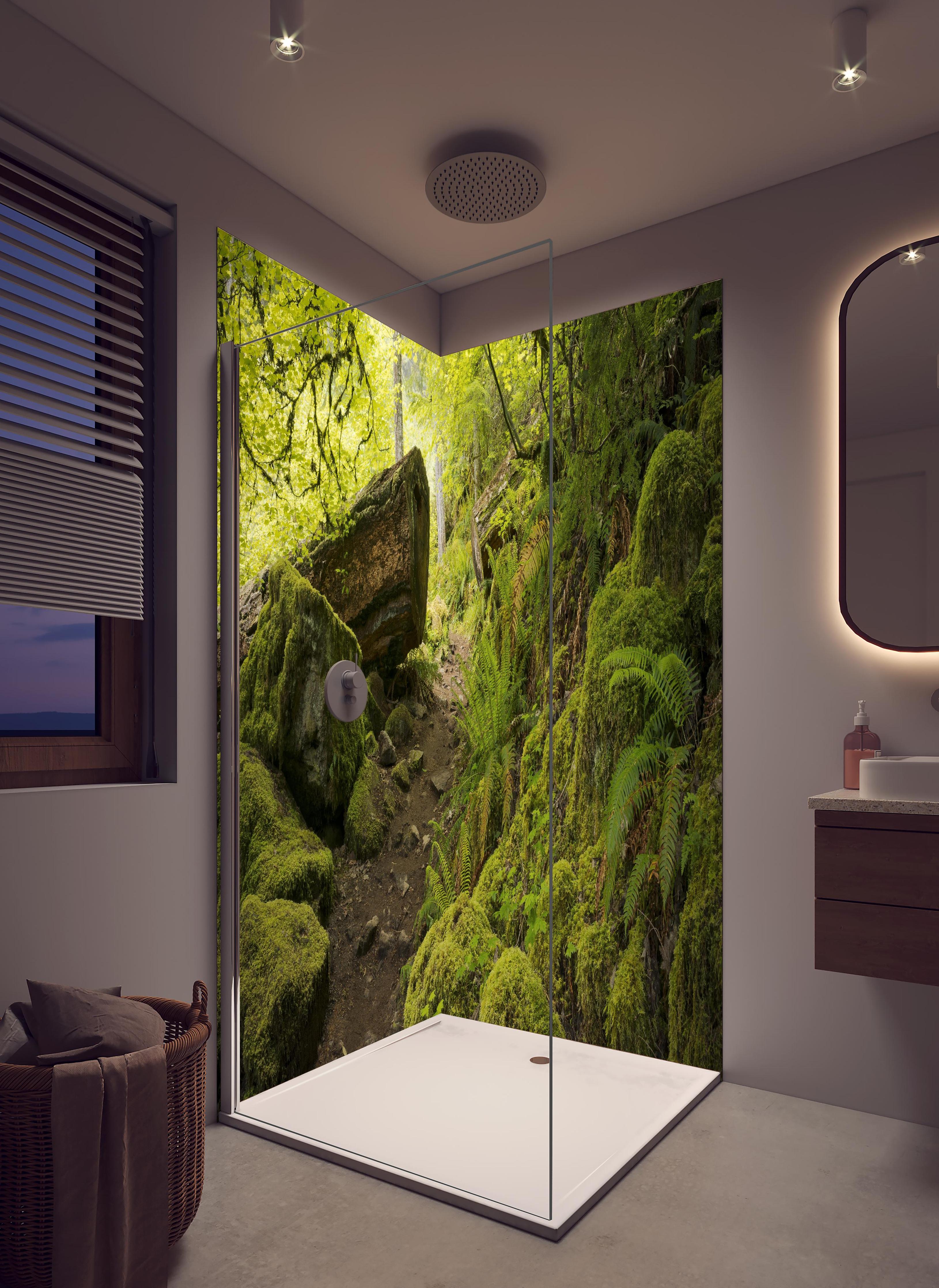 Duschrückwand - Moosiger Weg im Wald in hellem Badezimmer mit Regenduschkopf - zweiteilige Eck-Duschrückwand