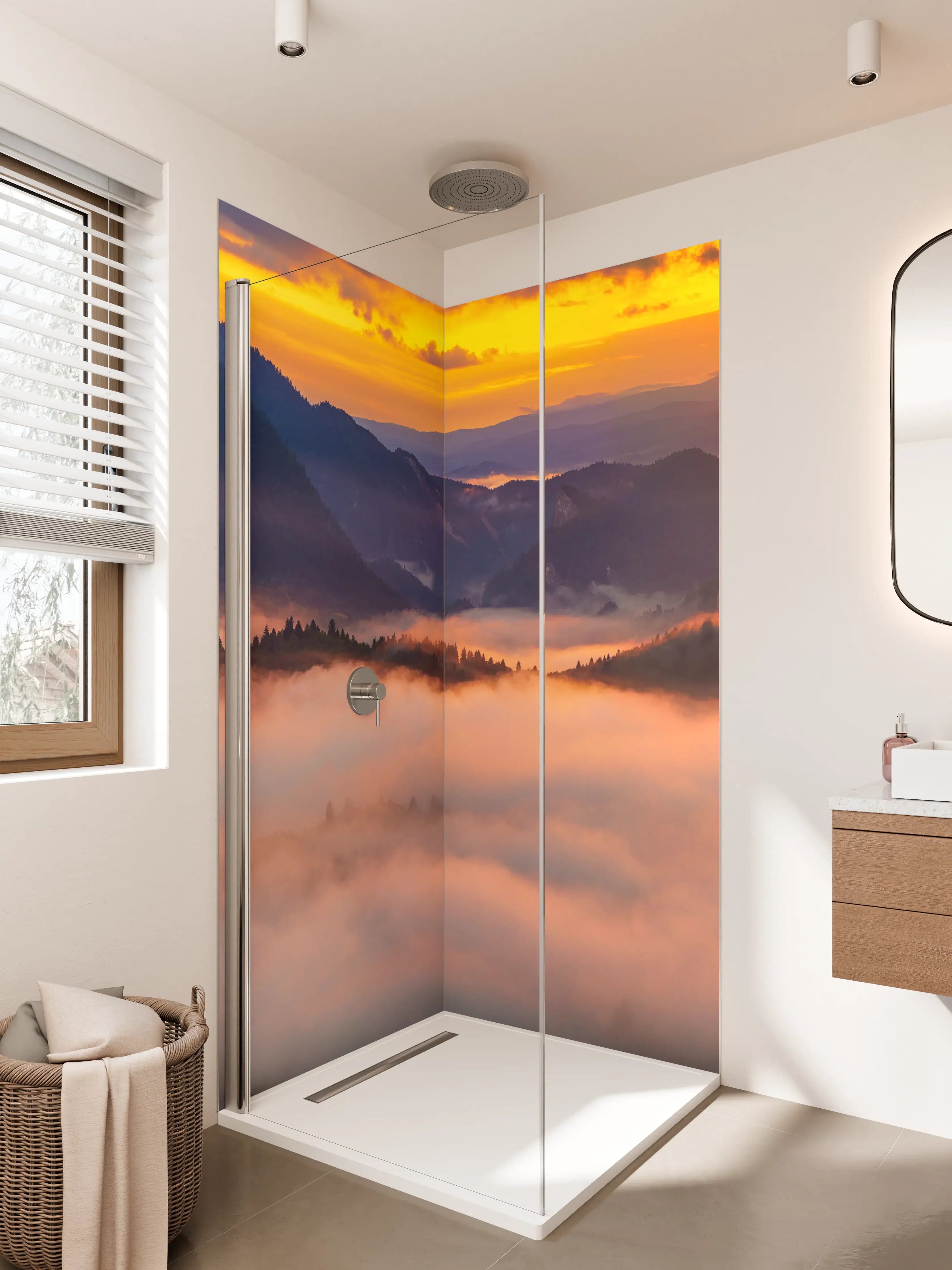 Duschrückwand - Morgendliches Bergpanorama mit Wolken