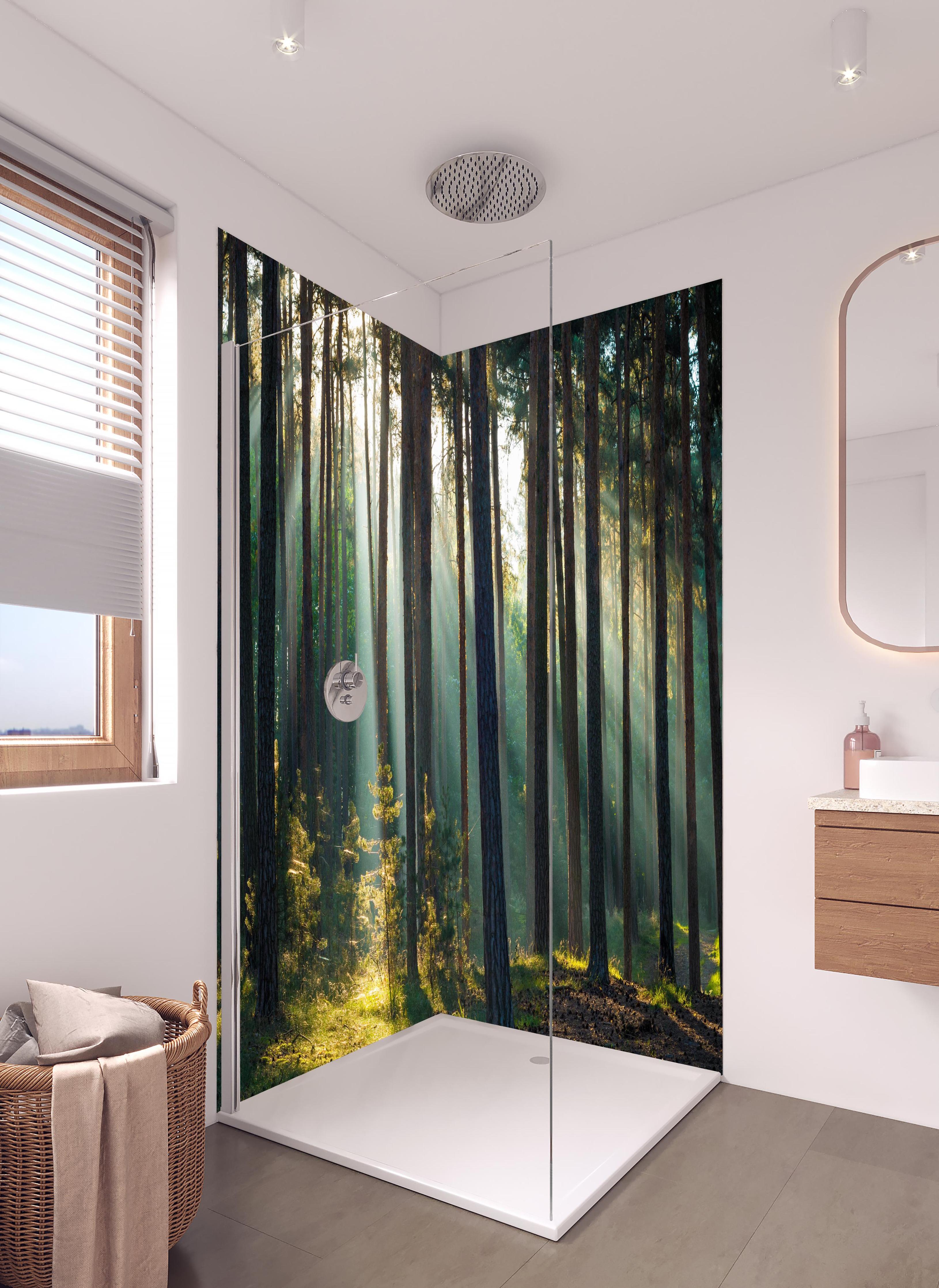 Duschrückwand - Morgenlicht im herbstlichen Wald in hellem Badezimmer mit Regenduschkopf - zweiteilige Eck-Duschrückwand