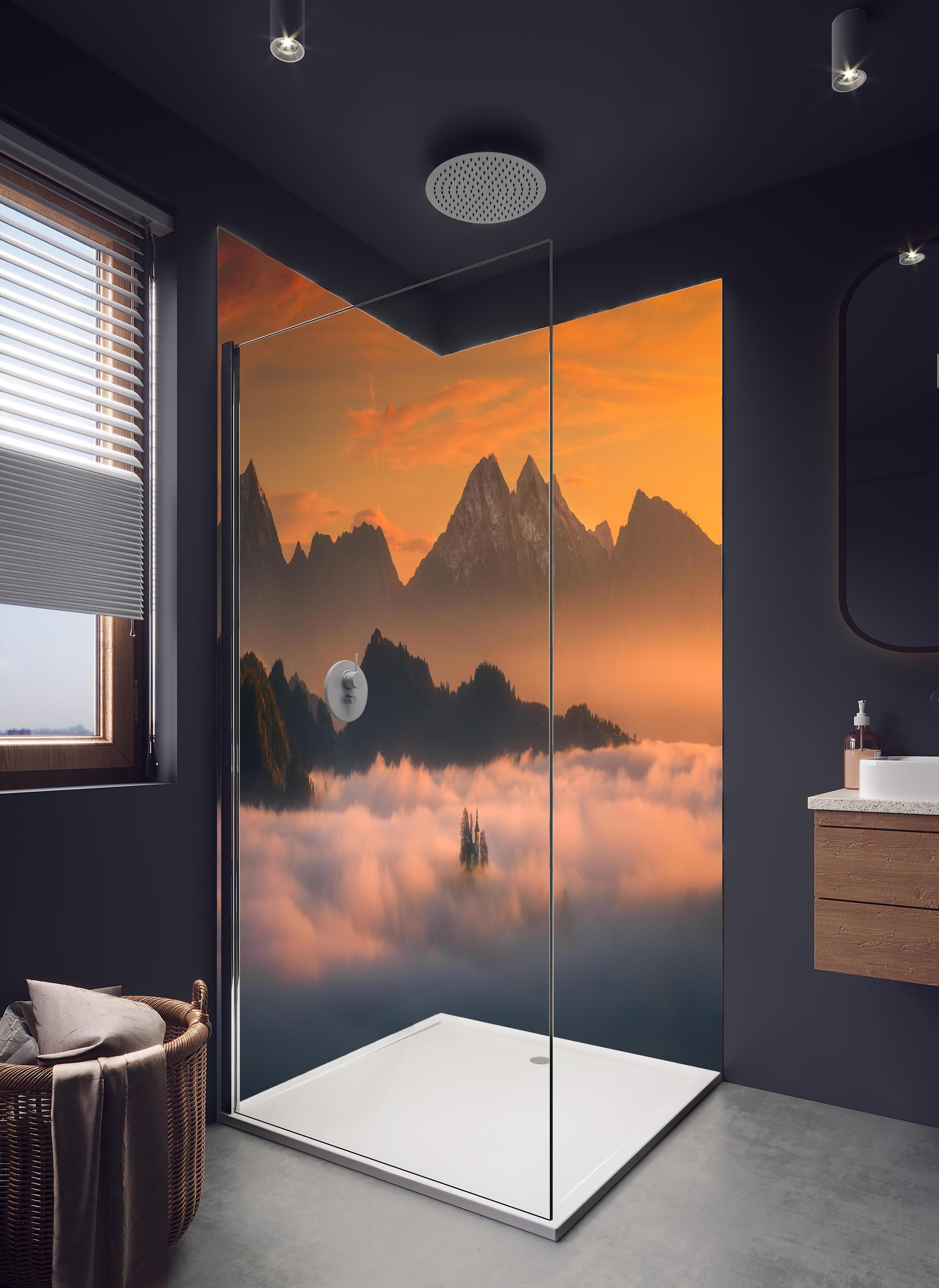 Duschrückwand - Morgenlicht über nebelbedeckten Gipfeln in hellem Badezimmer mit Regenduschkopf - zweiteilige Eck-Duschrückwand