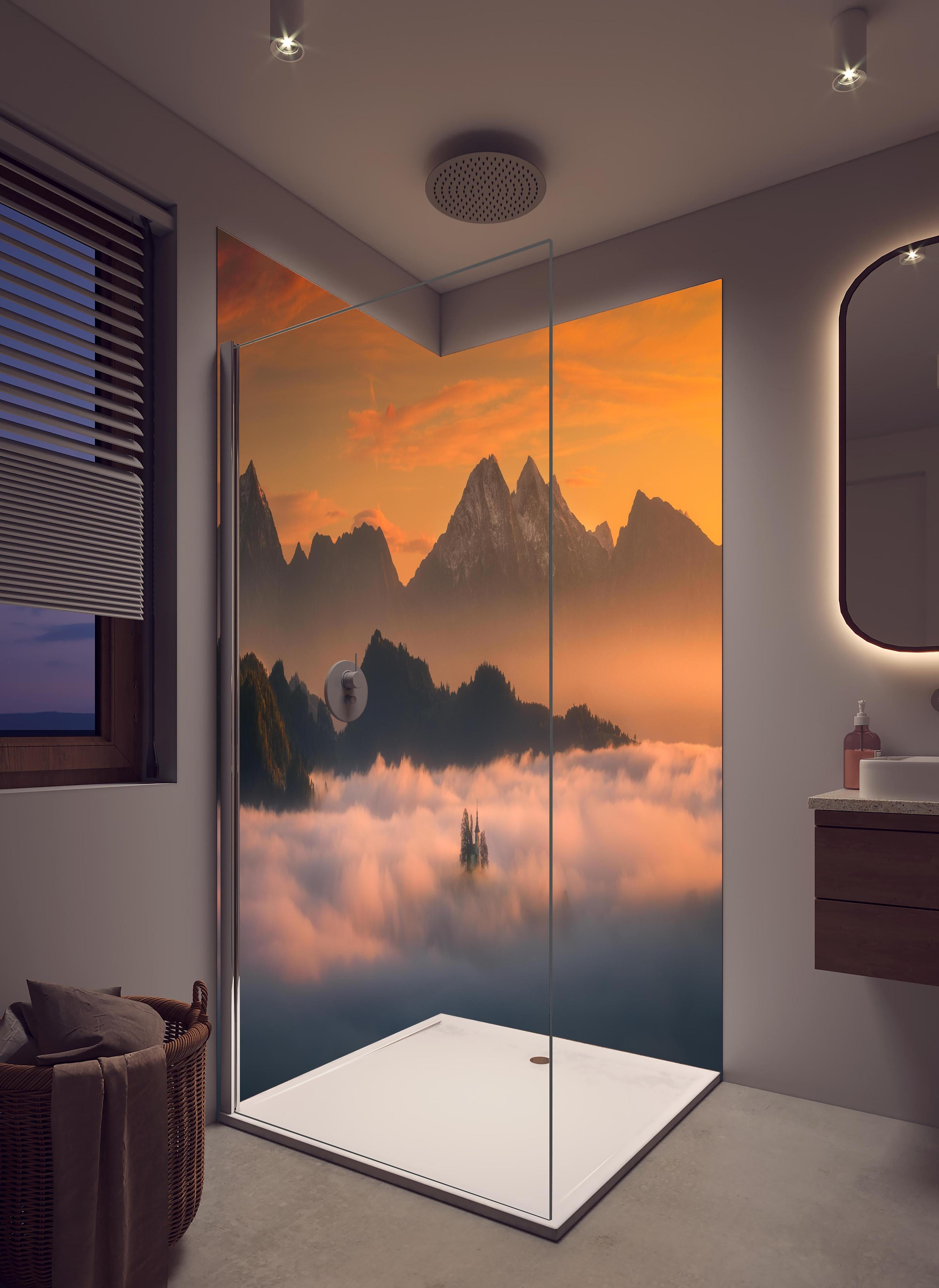 Duschrückwand - Morgenlicht über nebelbedeckten Gipfeln in hellem Badezimmer mit Regenduschkopf - zweiteilige Eck-Duschrückwand