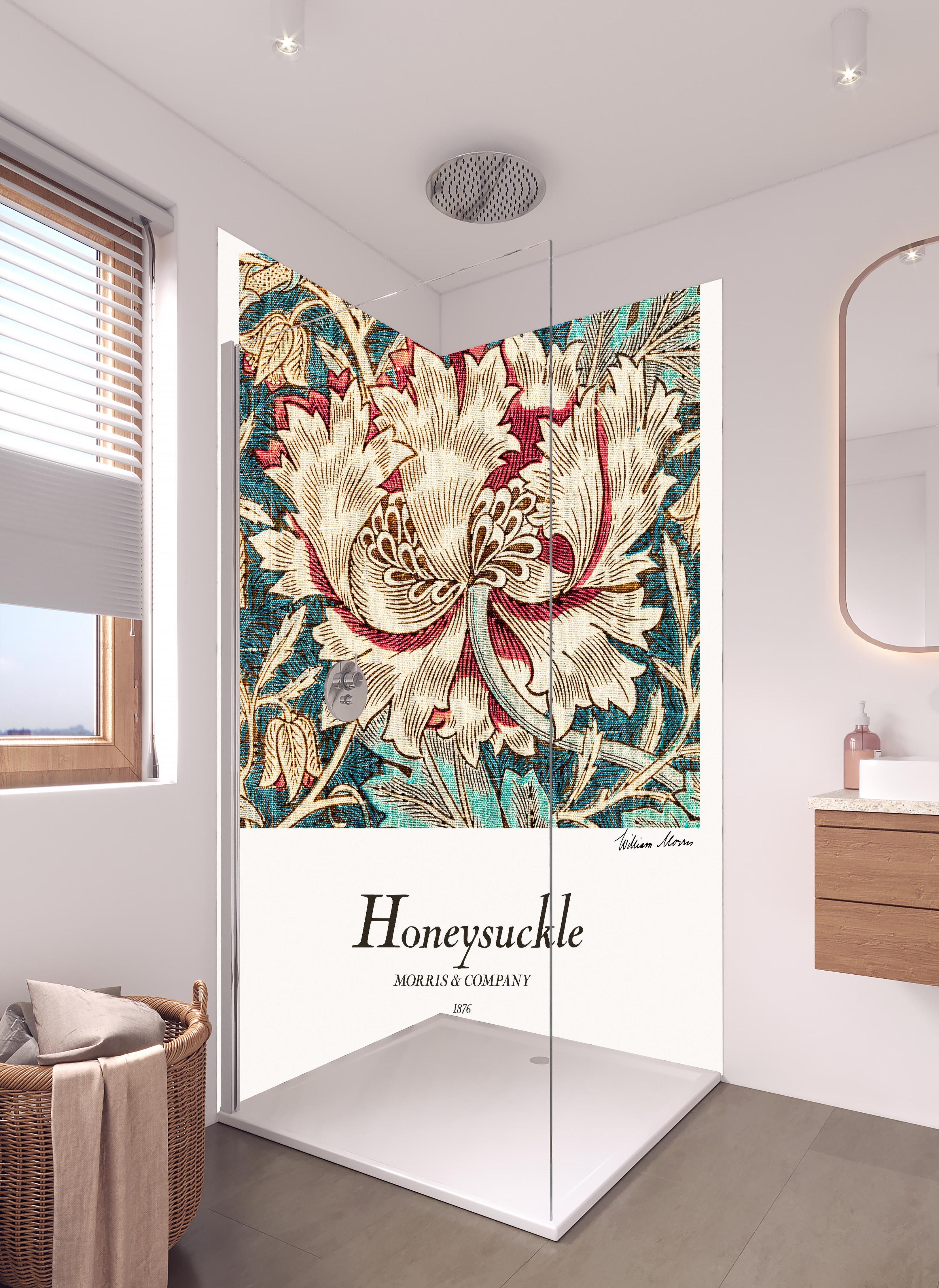 Duschrückwand - Mosaik Gemälde "Honeysuckle" in hellem Badezimmer mit Regenduschkopf - zweiteilige Eck-Duschrückwand
