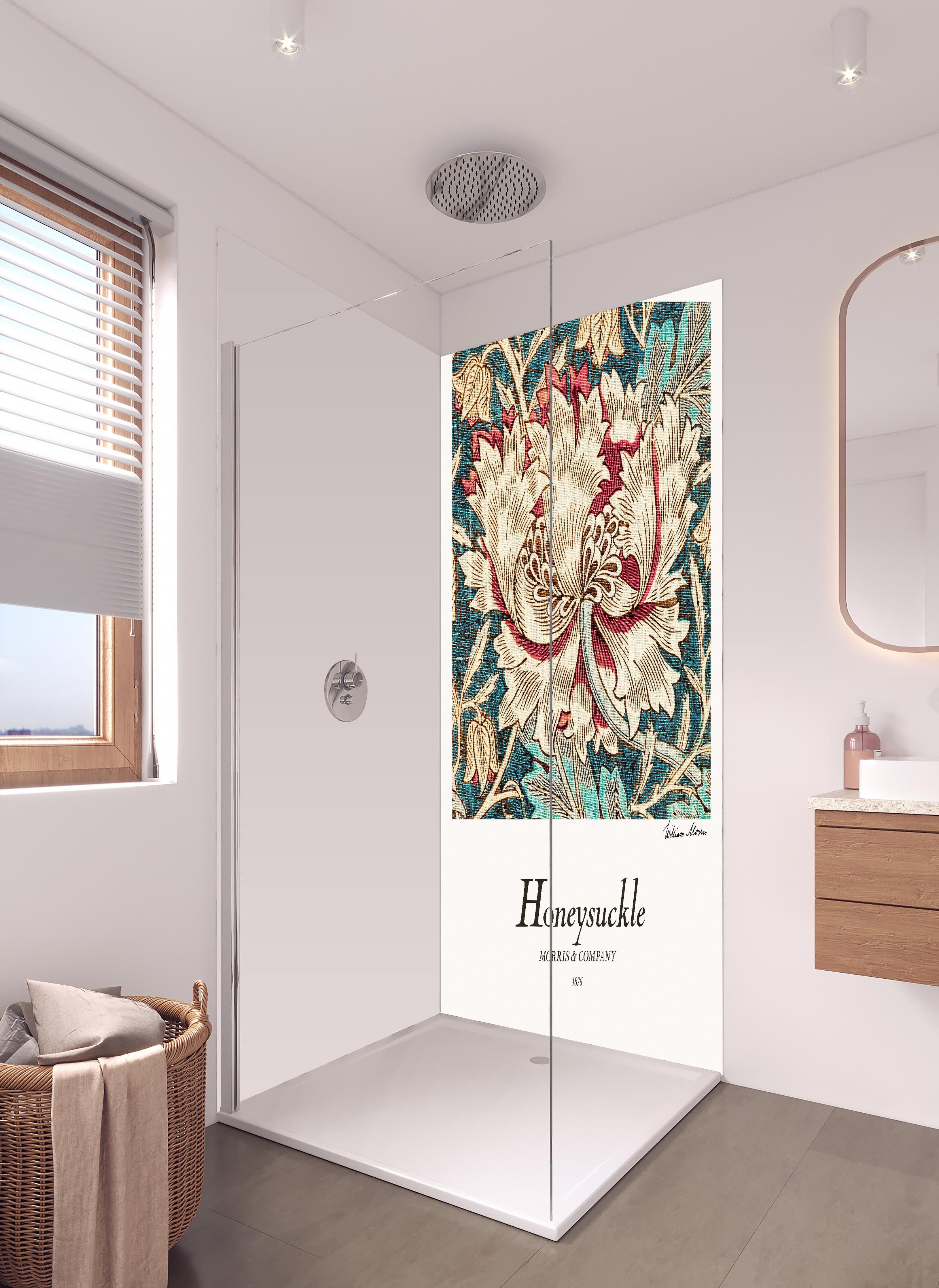 Duschrückwand - Mosaik Gemälde "Honeysuckle" in hellem Badezimmer mit Regenduschkopf - zweiteilige Eck-Duschrückwand
