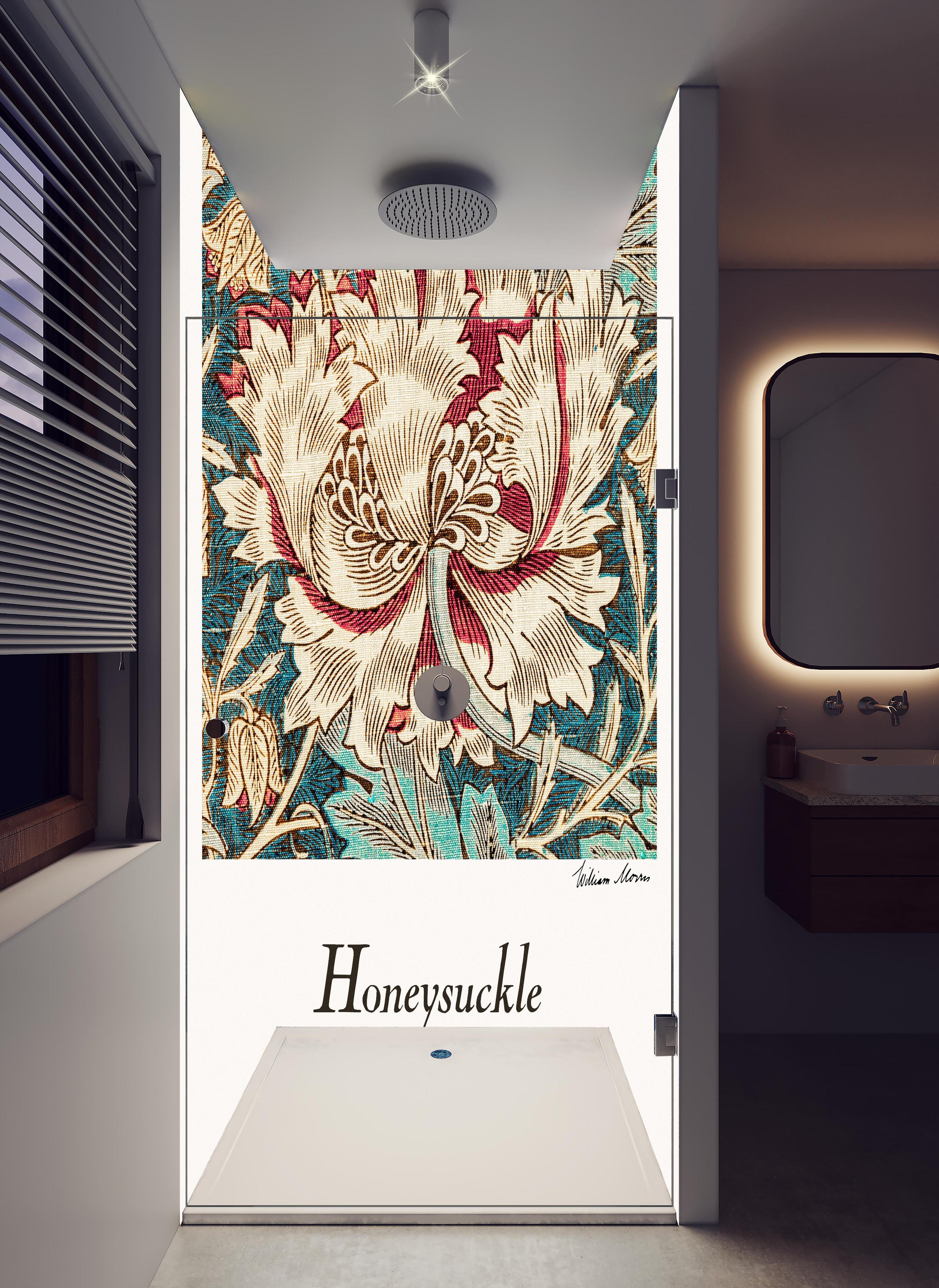 Duschrückwand - Mosaik Gemälde "Honeysuckle" in hellem Badezimmer mit Regenduschkopf - zweiteilige Eck-Duschrückwand