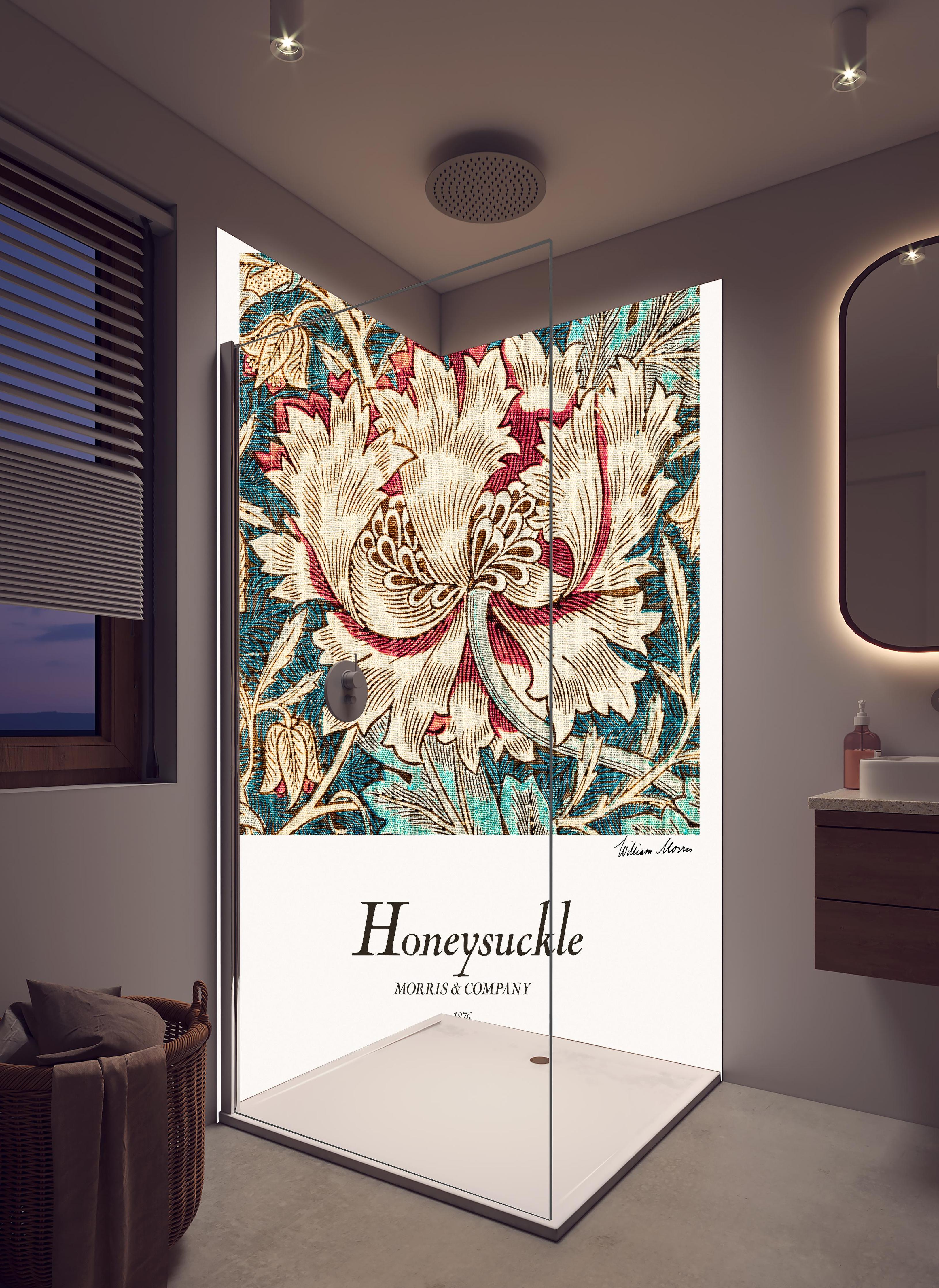 Duschrückwand - Mosaik Gemälde "Honeysuckle" in hellem Badezimmer mit Regenduschkopf - zweiteilige Eck-Duschrückwand