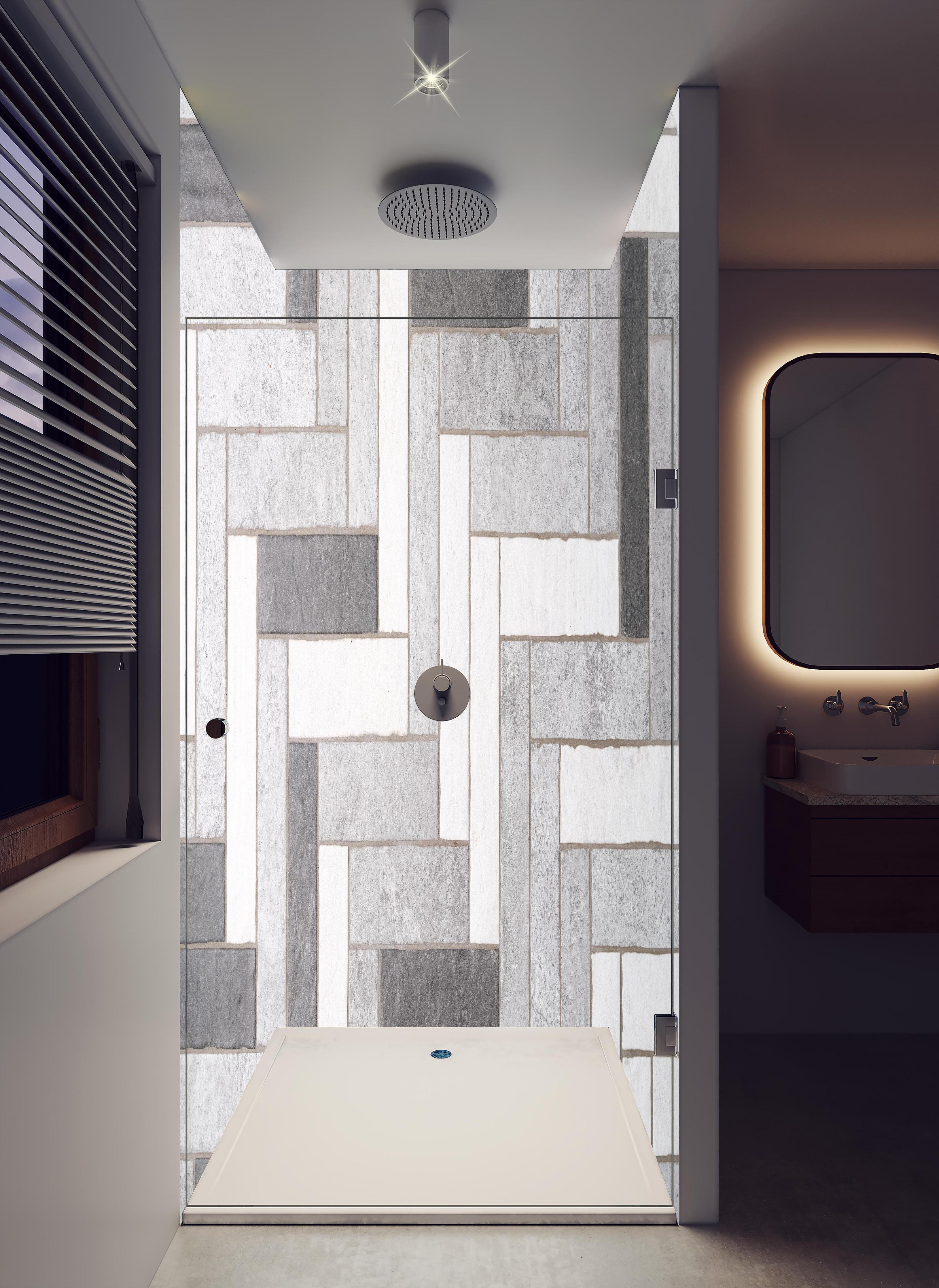 Duschrückwand - Mosaikbodenfliesen in Rechtecken in hellem Badezimmer mit Regenduschkopf - zweiteilige Eck-Duschrückwand