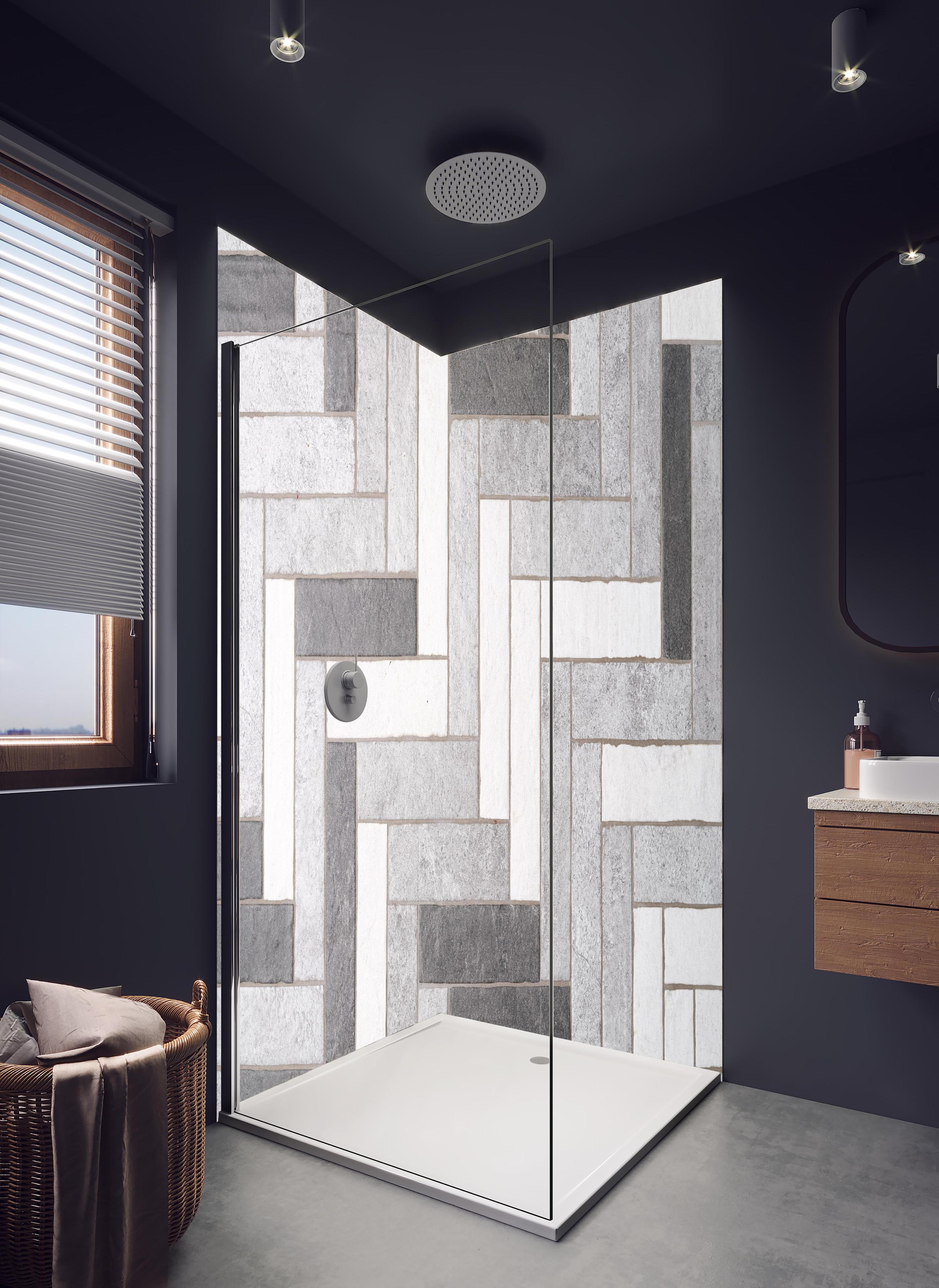 Duschrückwand - Mosaikbodenfliesen in Rechtecken in hellem Badezimmer mit Regenduschkopf - zweiteilige Eck-Duschrückwand