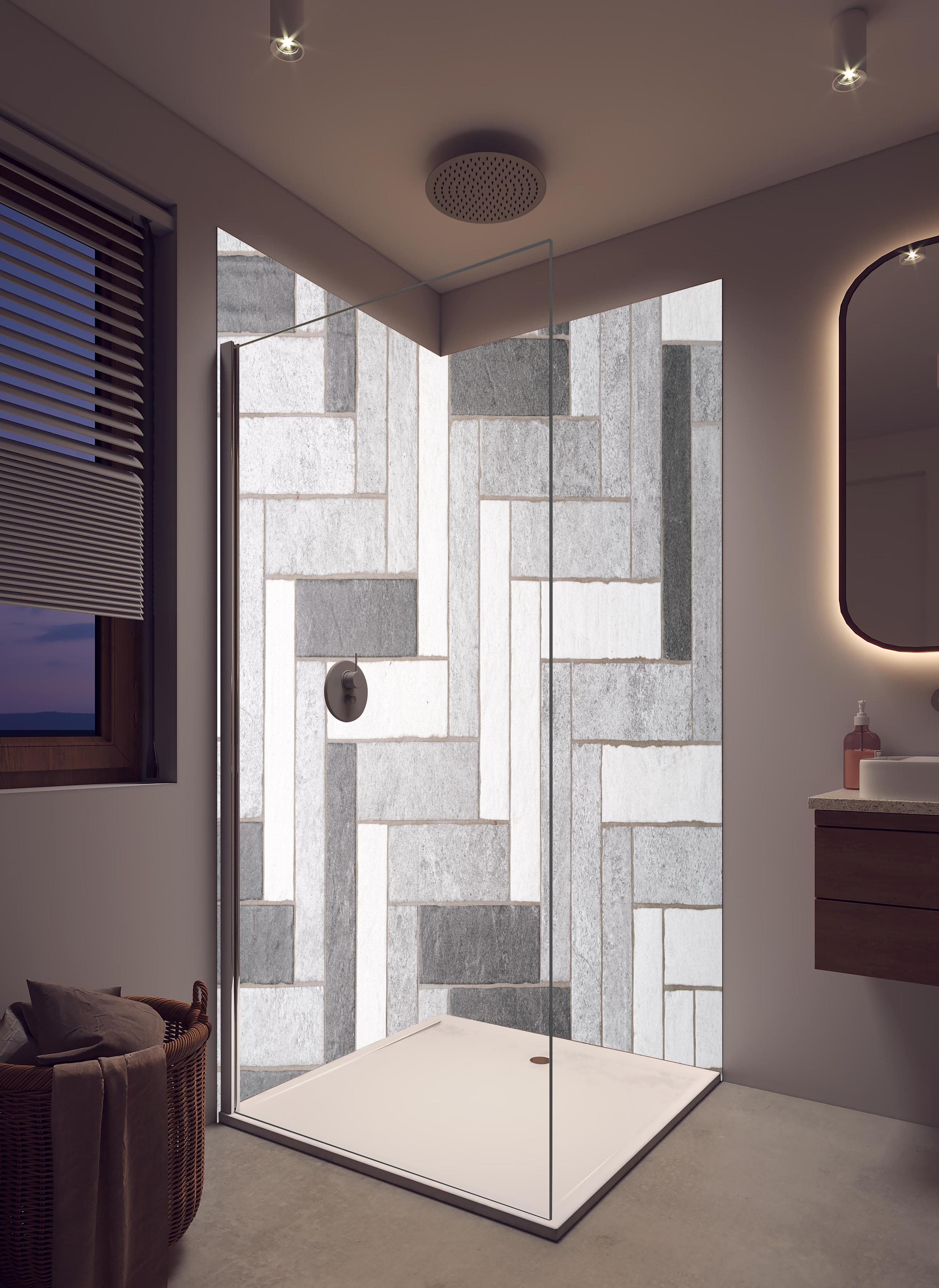 Duschrückwand - Mosaikbodenfliesen in Rechtecken in hellem Badezimmer mit Regenduschkopf - zweiteilige Eck-Duschrückwand