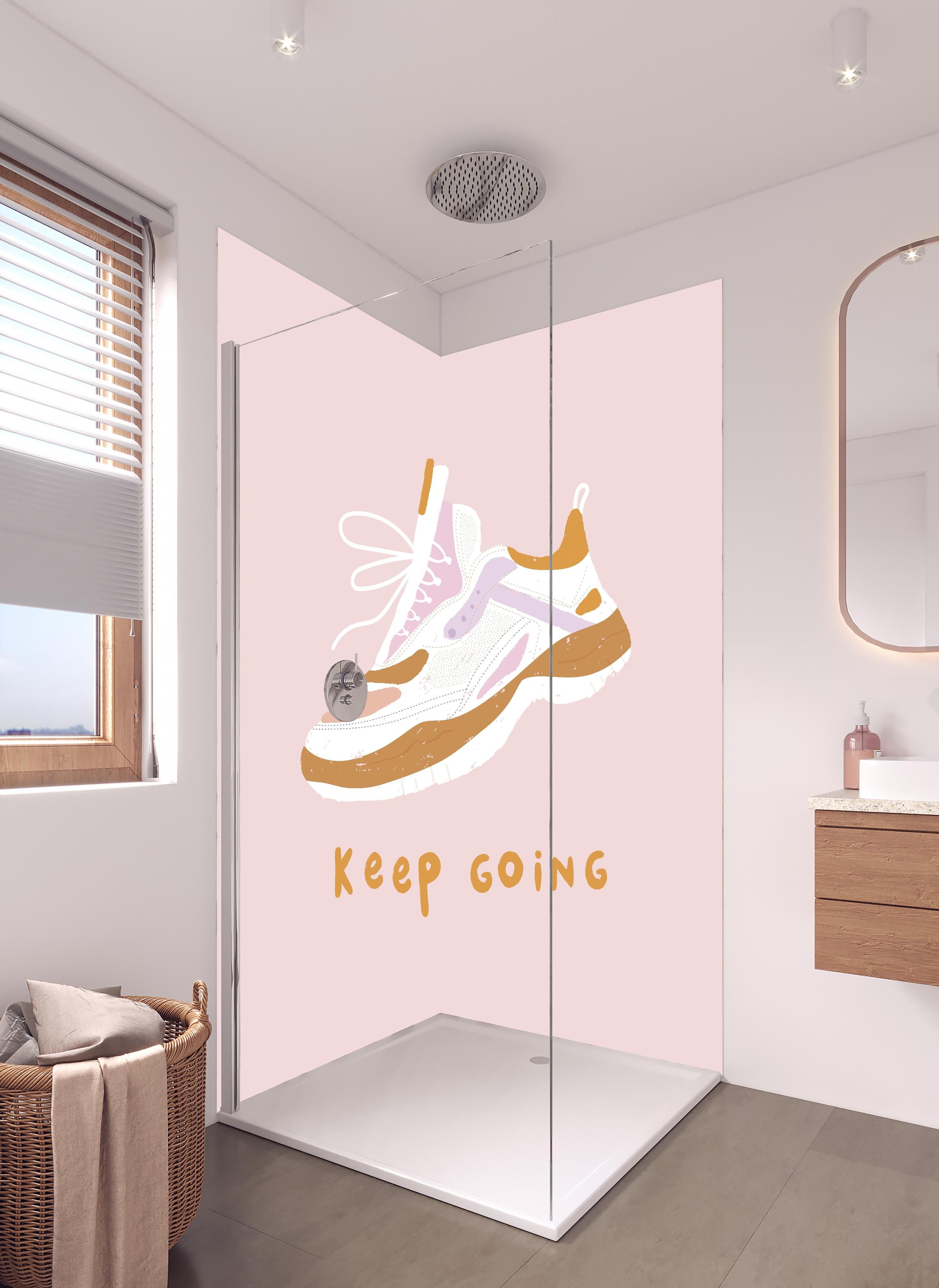 Duschrückwand - Motivierender Walking-Schuh auf Rosa in hellem Badezimmer mit Regenduschkopf - zweiteilige Eck-Duschrückwand