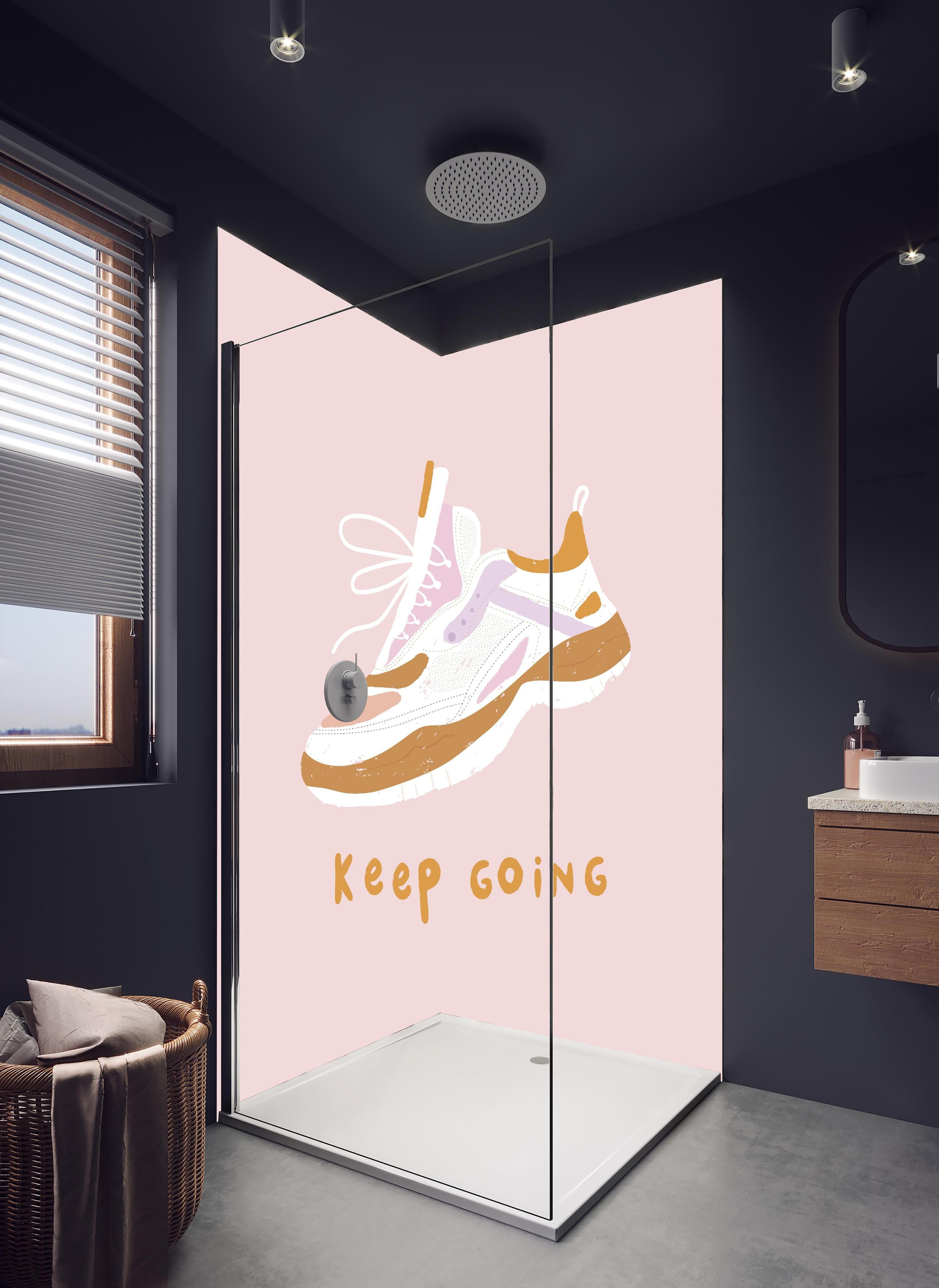 Duschrückwand - Motivierender Walking-Schuh auf Rosa in hellem Badezimmer mit Regenduschkopf - zweiteilige Eck-Duschrückwand