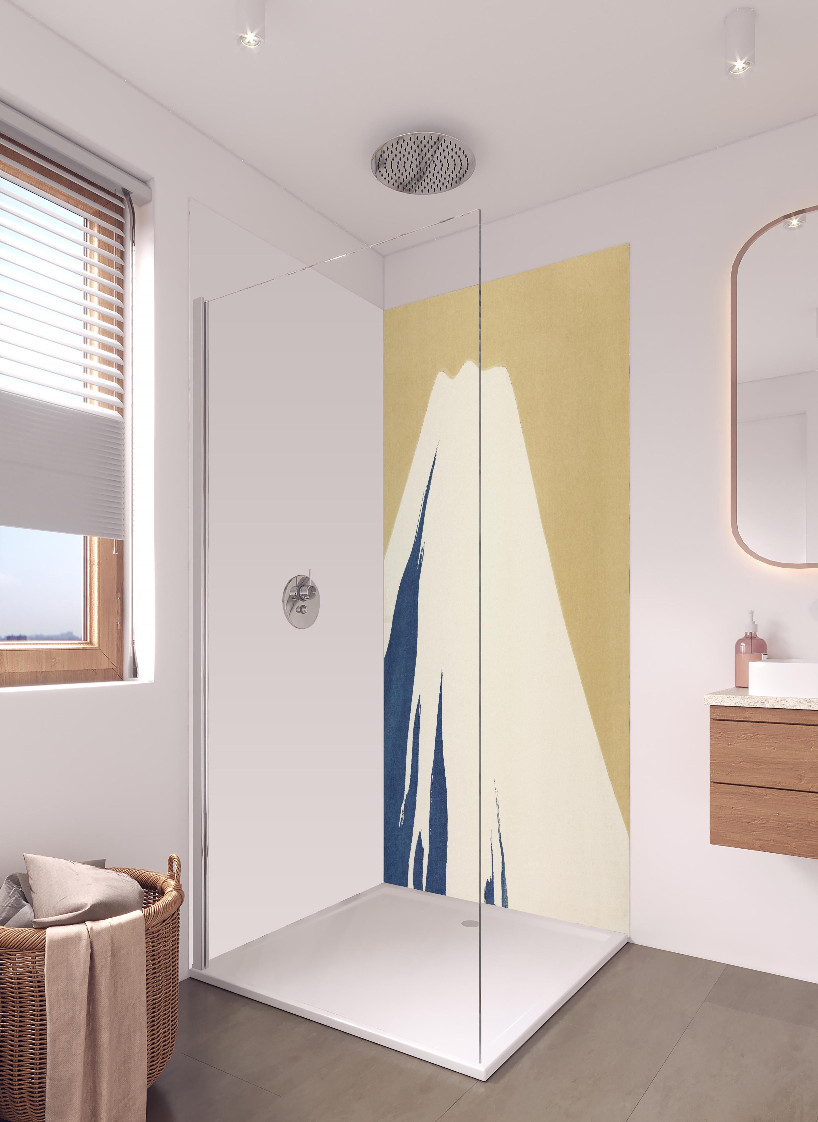 Duschrückwand - Mount Fuji Gelber Hintergrund Holzschnitt in hellem Badezimmer mit Regenduschkopf - zweiteilige Eck-Duschrückwand