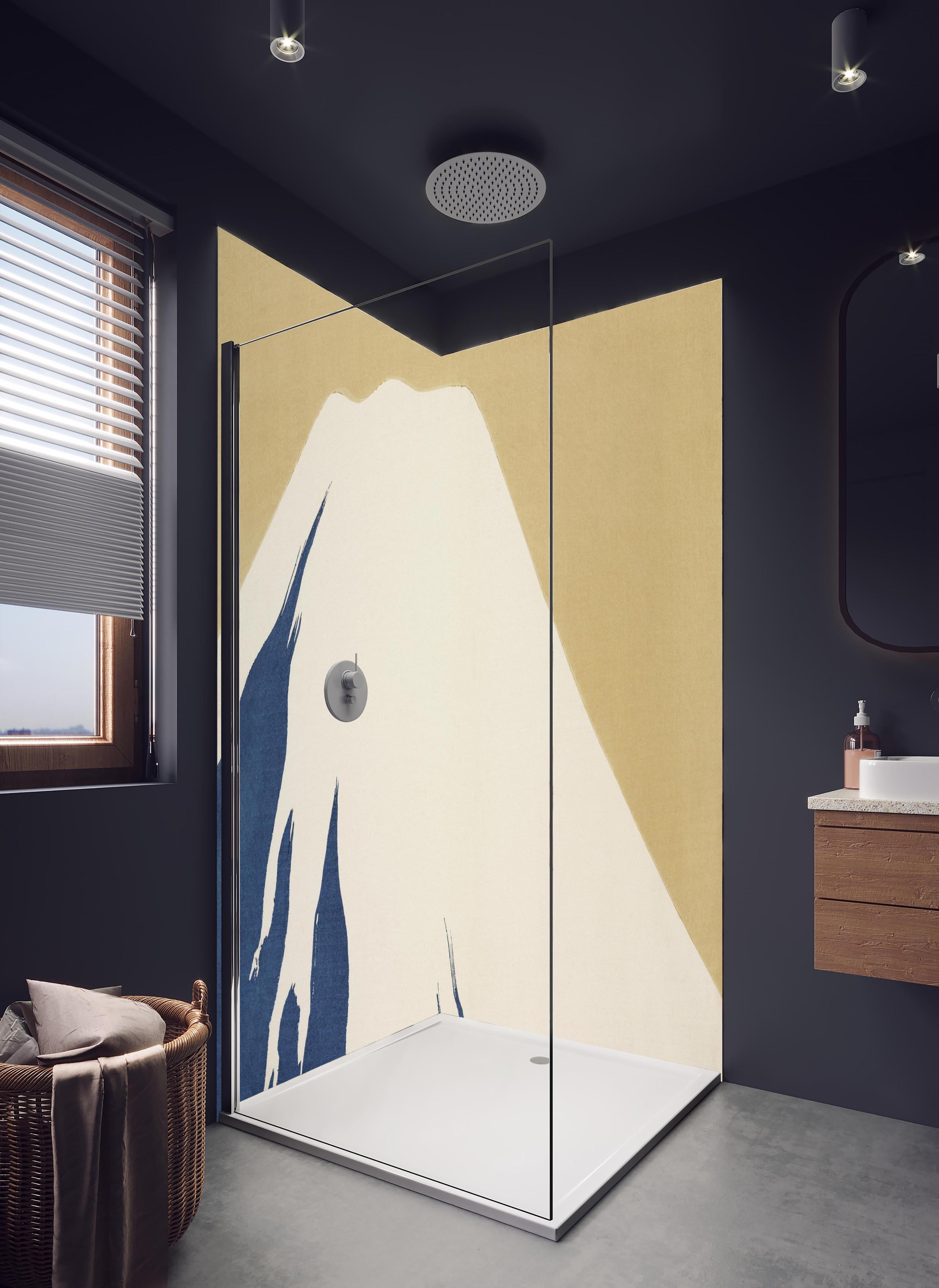 Duschrückwand - Mount Fuji Gelber Hintergrund Holzschnitt in hellem Badezimmer mit Regenduschkopf - zweiteilige Eck-Duschrückwand