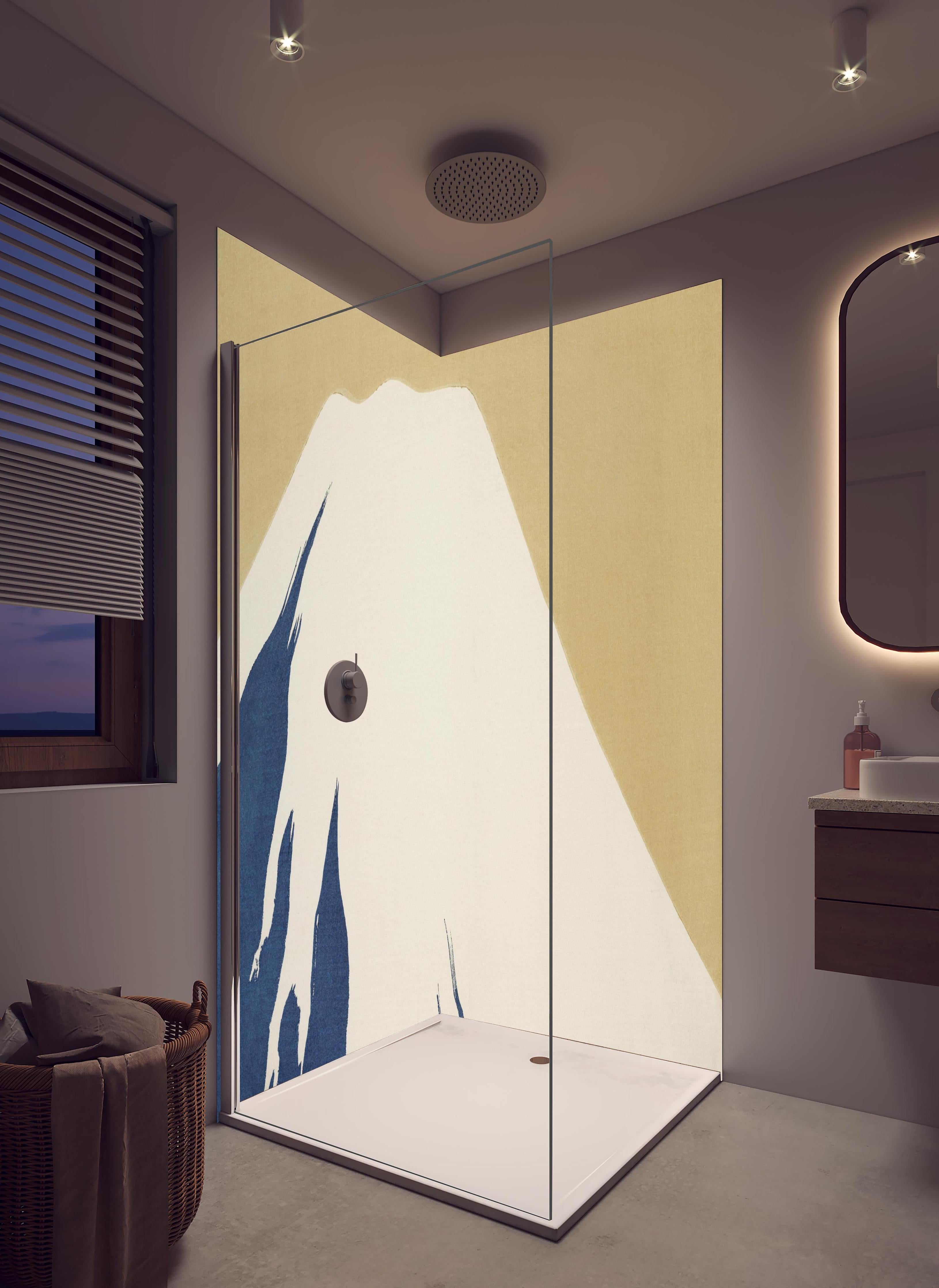 Duschrückwand - Mount Fuji Gelber Hintergrund Holzschnitt in hellem Badezimmer mit Regenduschkopf - zweiteilige Eck-Duschrückwand