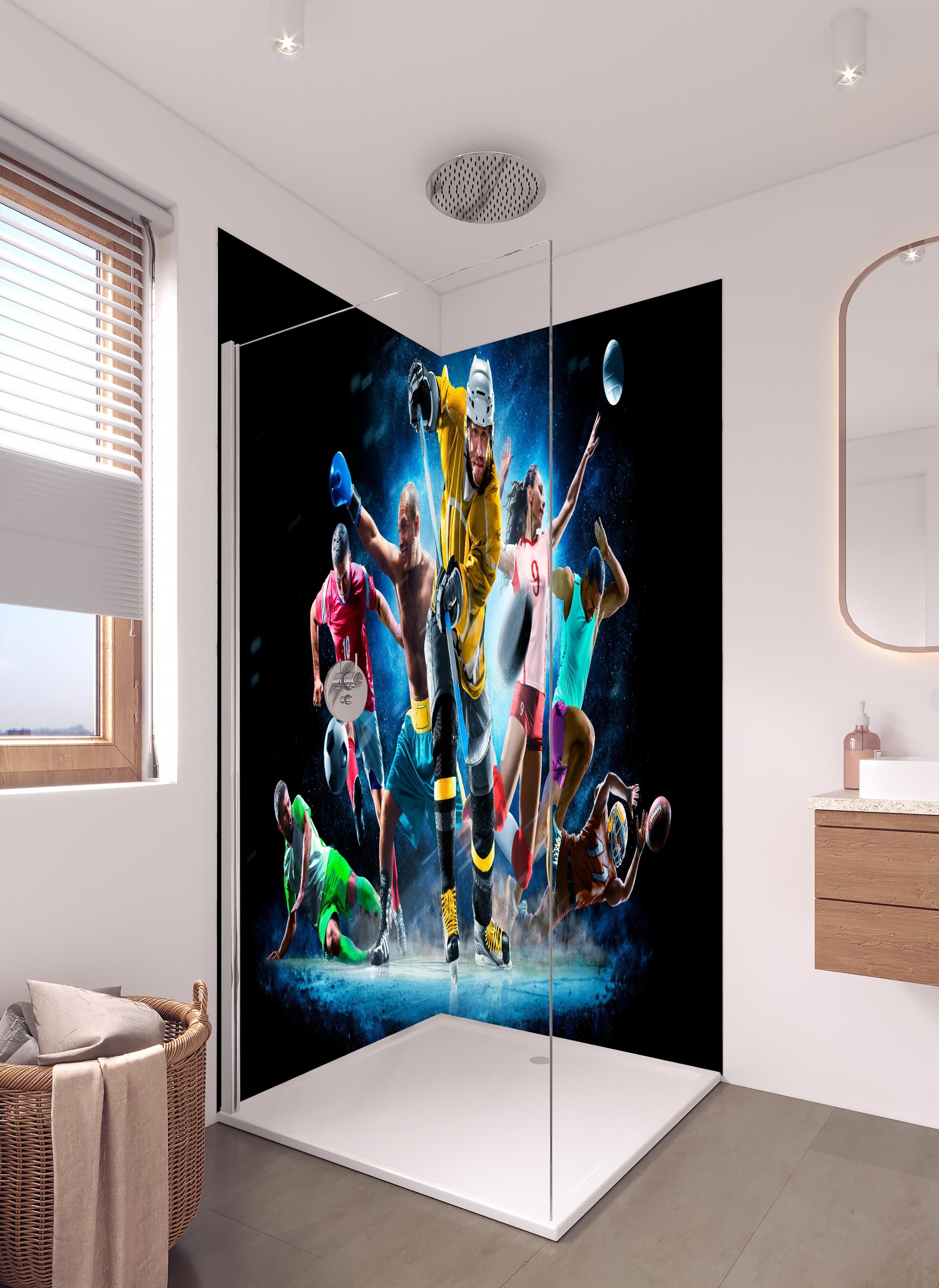 Duschrückwand - Multi Sport Collage in hellem Badezimmer mit Regenduschkopf - zweiteilige Eck-Duschrückwand