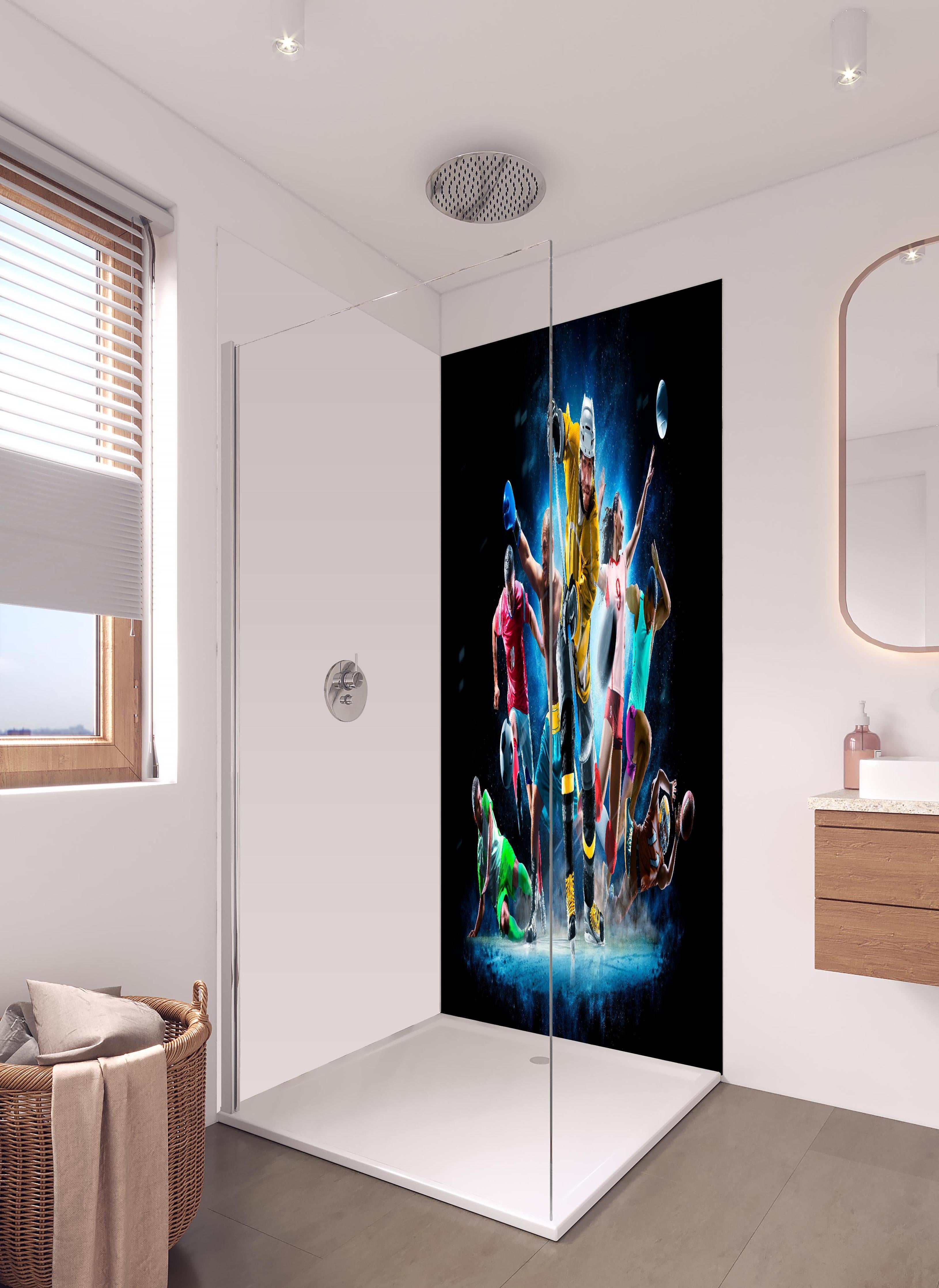 Duschrückwand - Multi Sport Collage in hellem Badezimmer mit Regenduschkopf - zweiteilige Eck-Duschrückwand