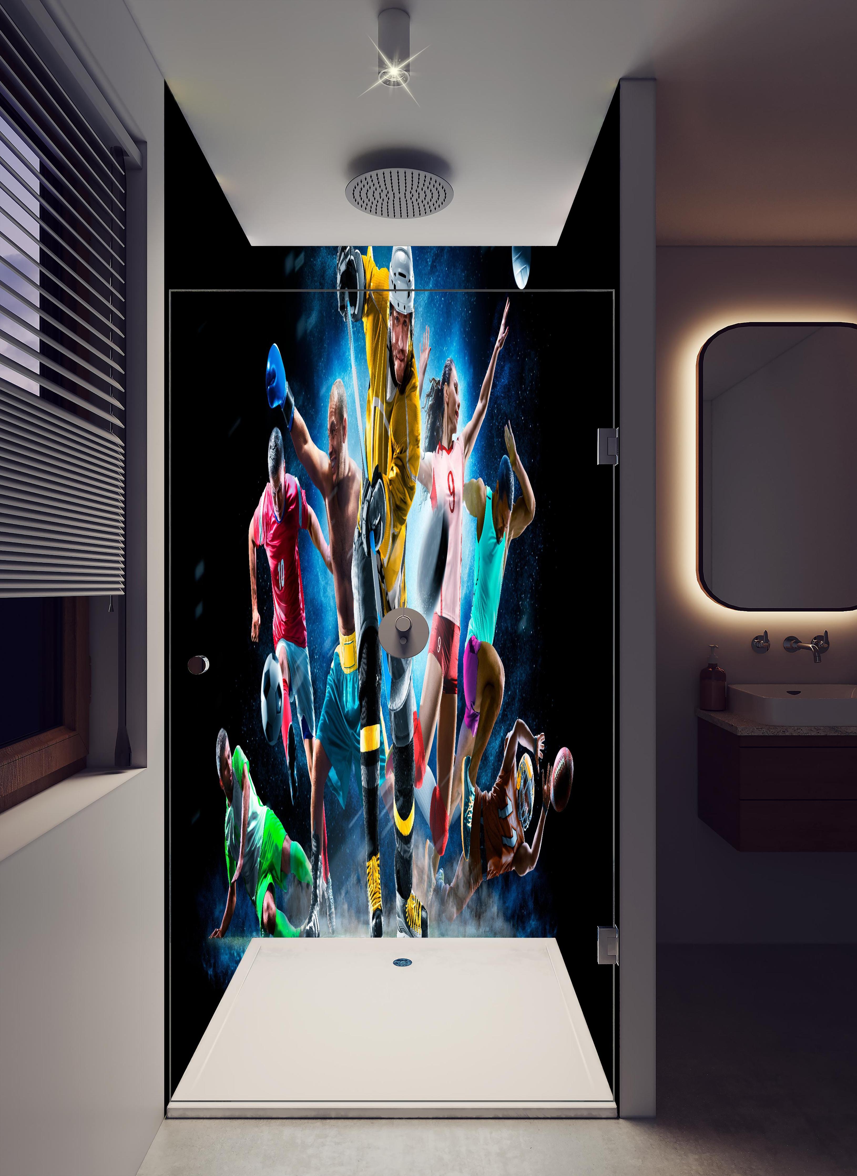 Duschrückwand - Multi Sport Collage in hellem Badezimmer mit Regenduschkopf - zweiteilige Eck-Duschrückwand