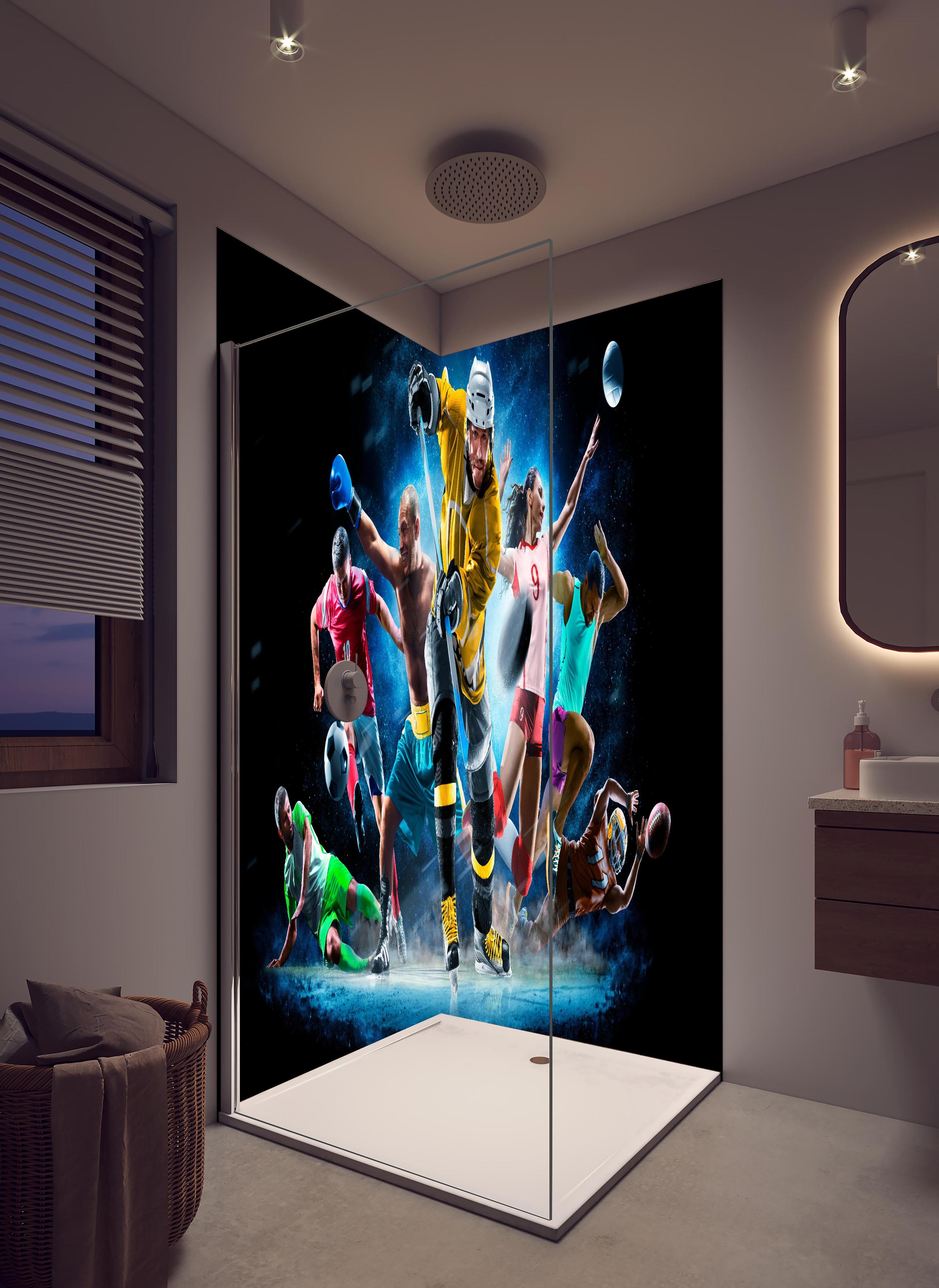 Duschrückwand - Multi Sport Collage in hellem Badezimmer mit Regenduschkopf - zweiteilige Eck-Duschrückwand
