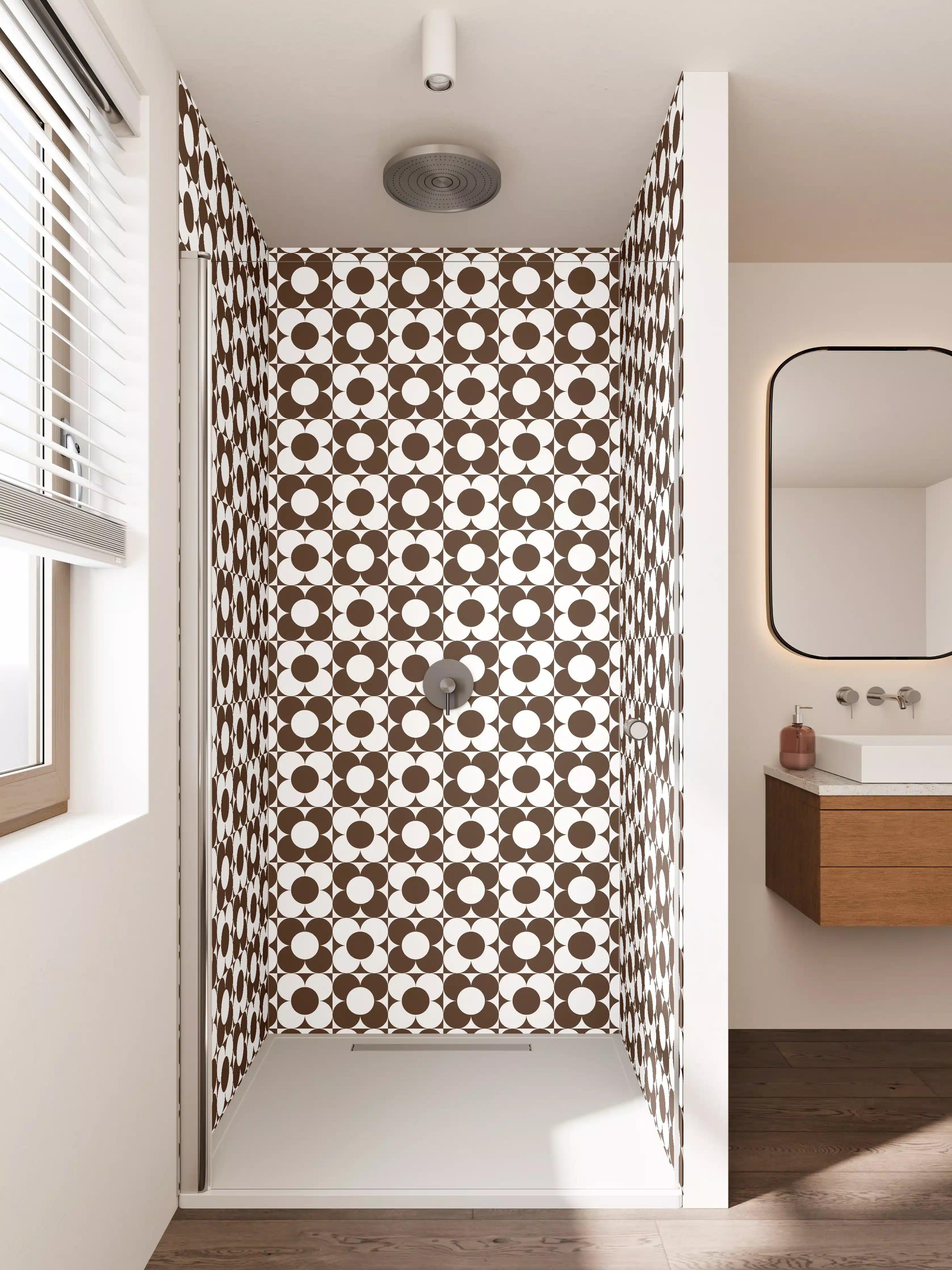 Duschrückwand - Muster-Design in Braun-Weiß