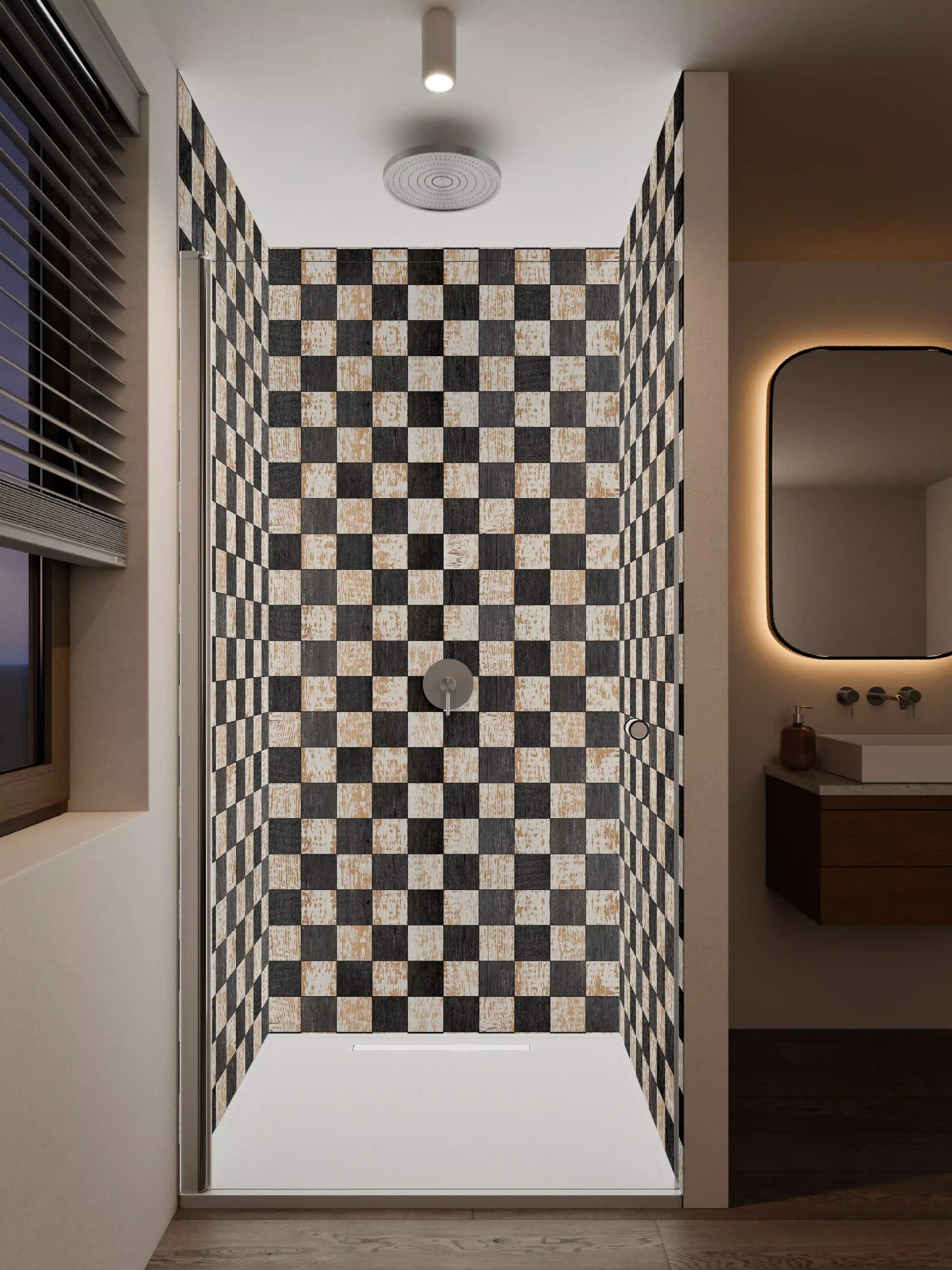 Duschrückwand - Musterhafte Holzmuster in Schwarz-Weiß