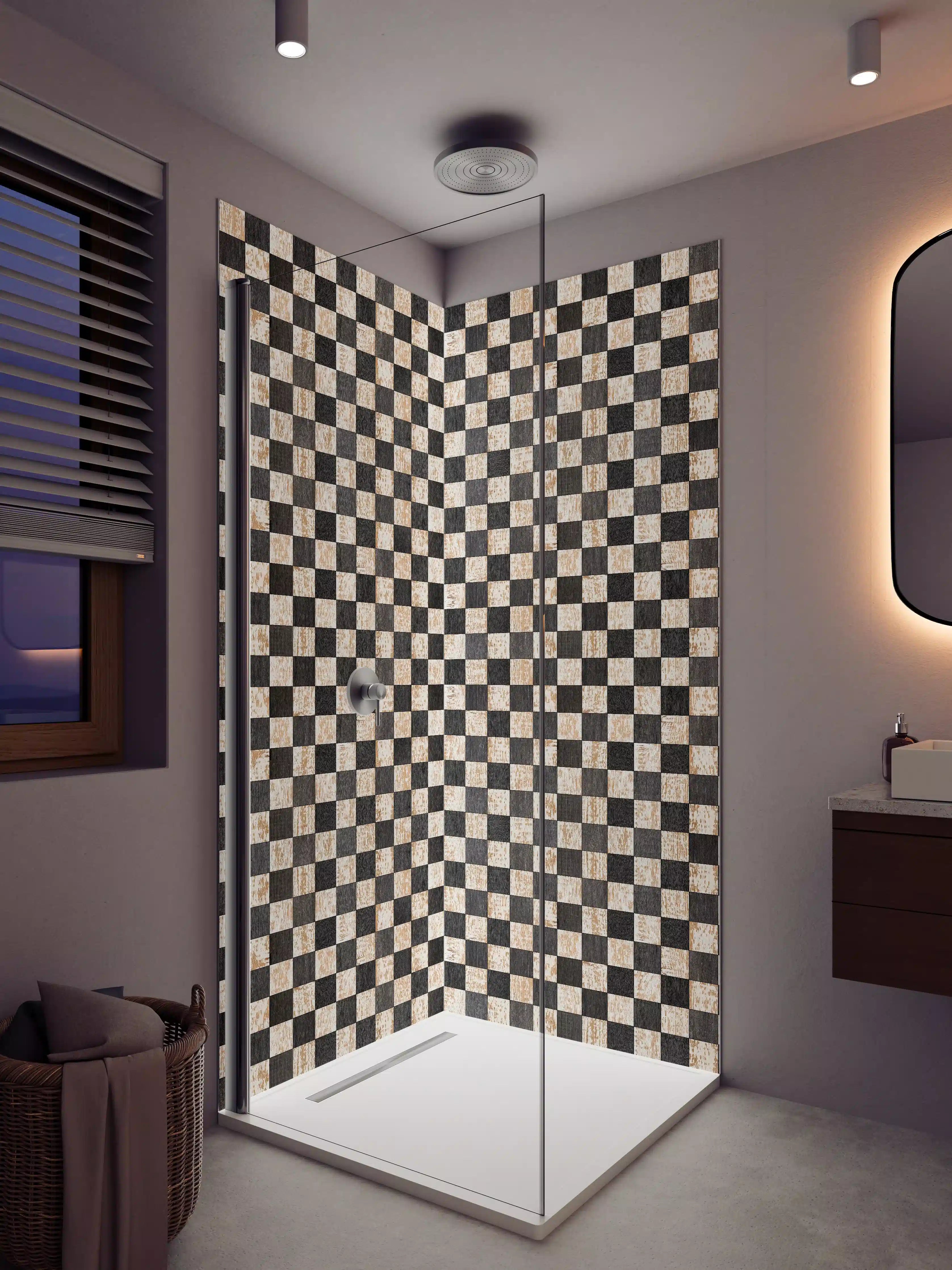 Duschrückwand - Musterhafte Holzmuster in Schwarz-Weiß