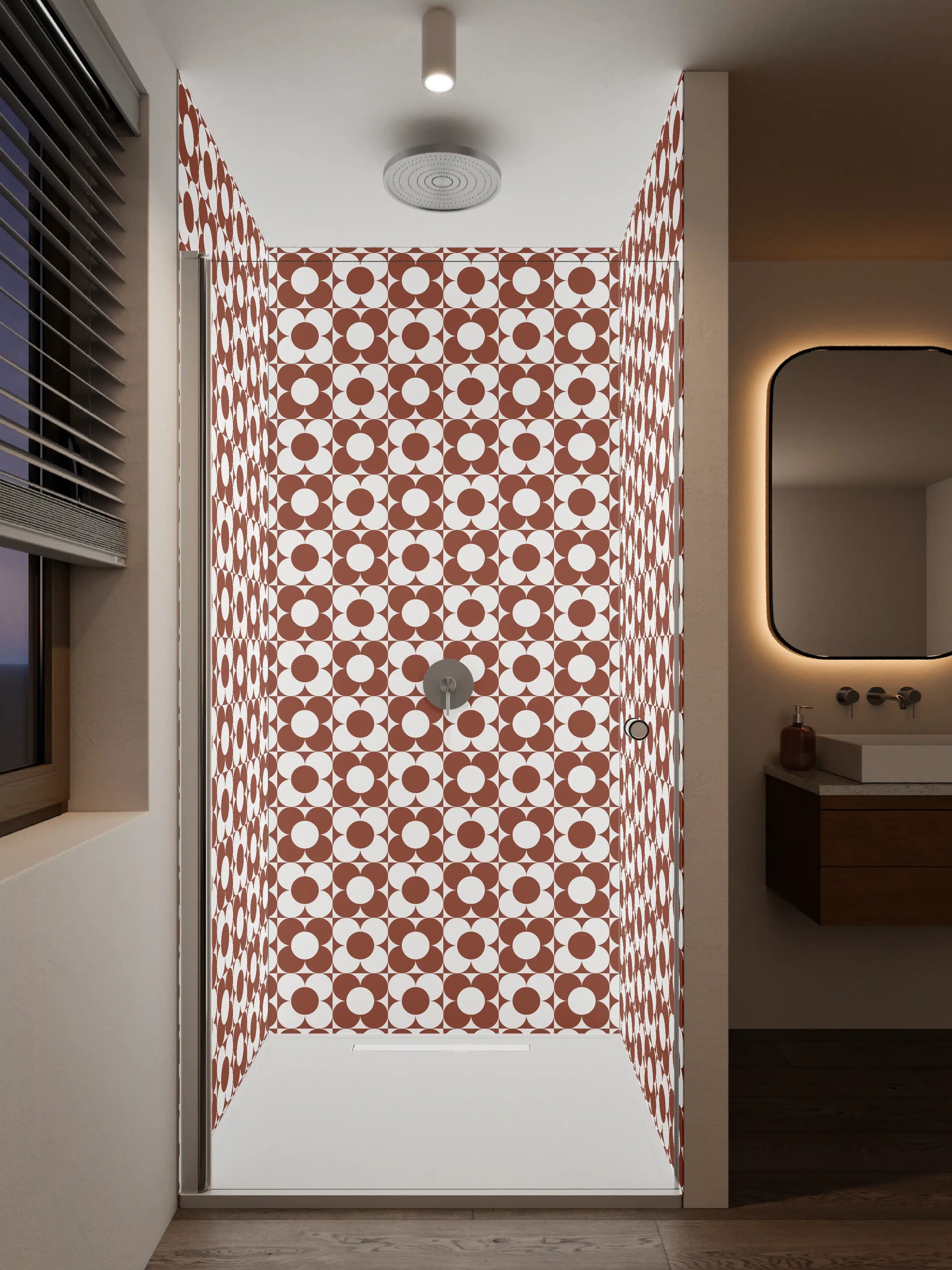 Duschrückwand - Musterhafte braune Geometrie mit kleinen weißen Details