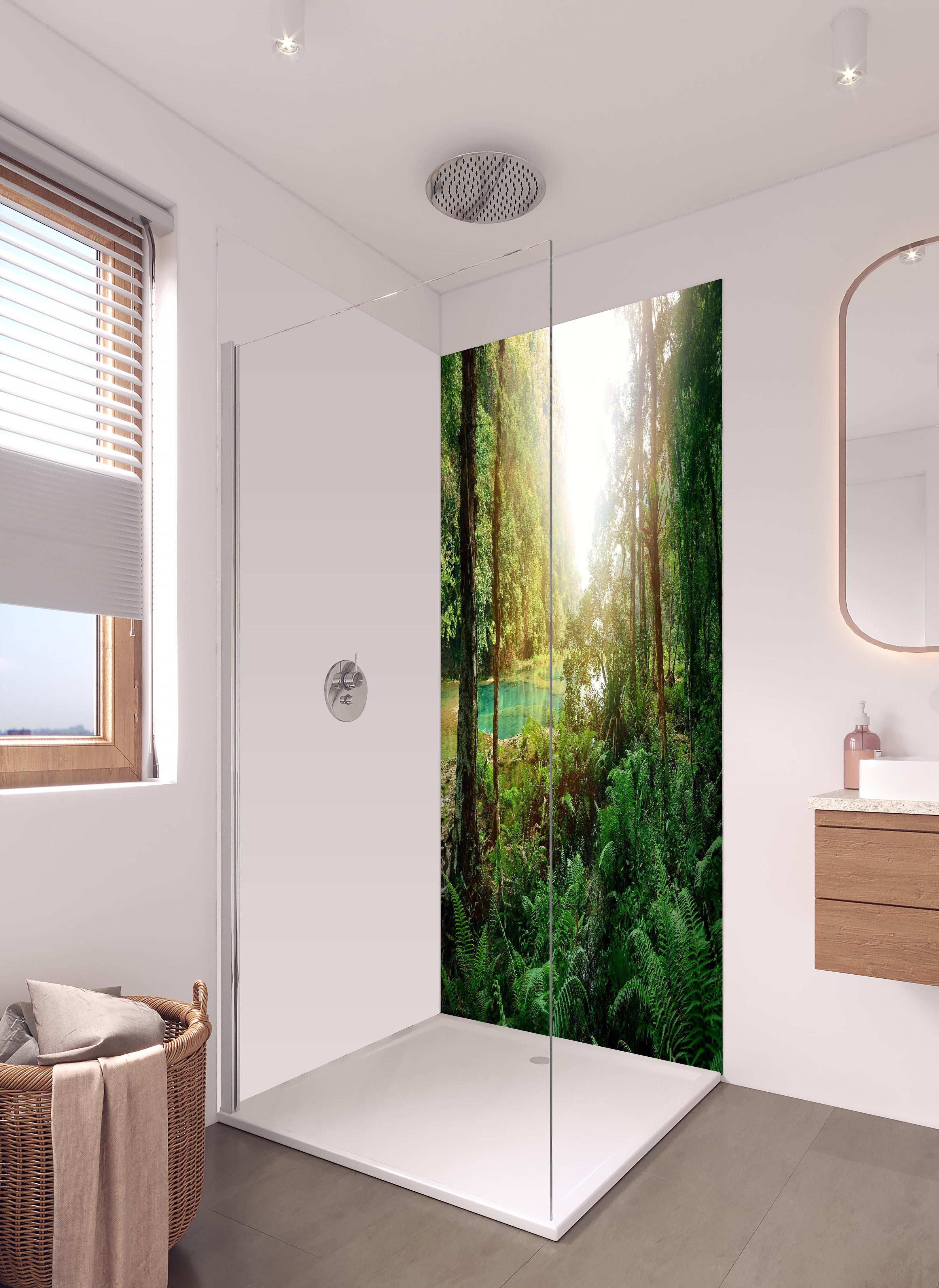 Duschrückwand - Mysteriöser Maya-Dschungel in hellem Badezimmer mit Regenduschkopf - zweiteilige Eck-Duschrückwand