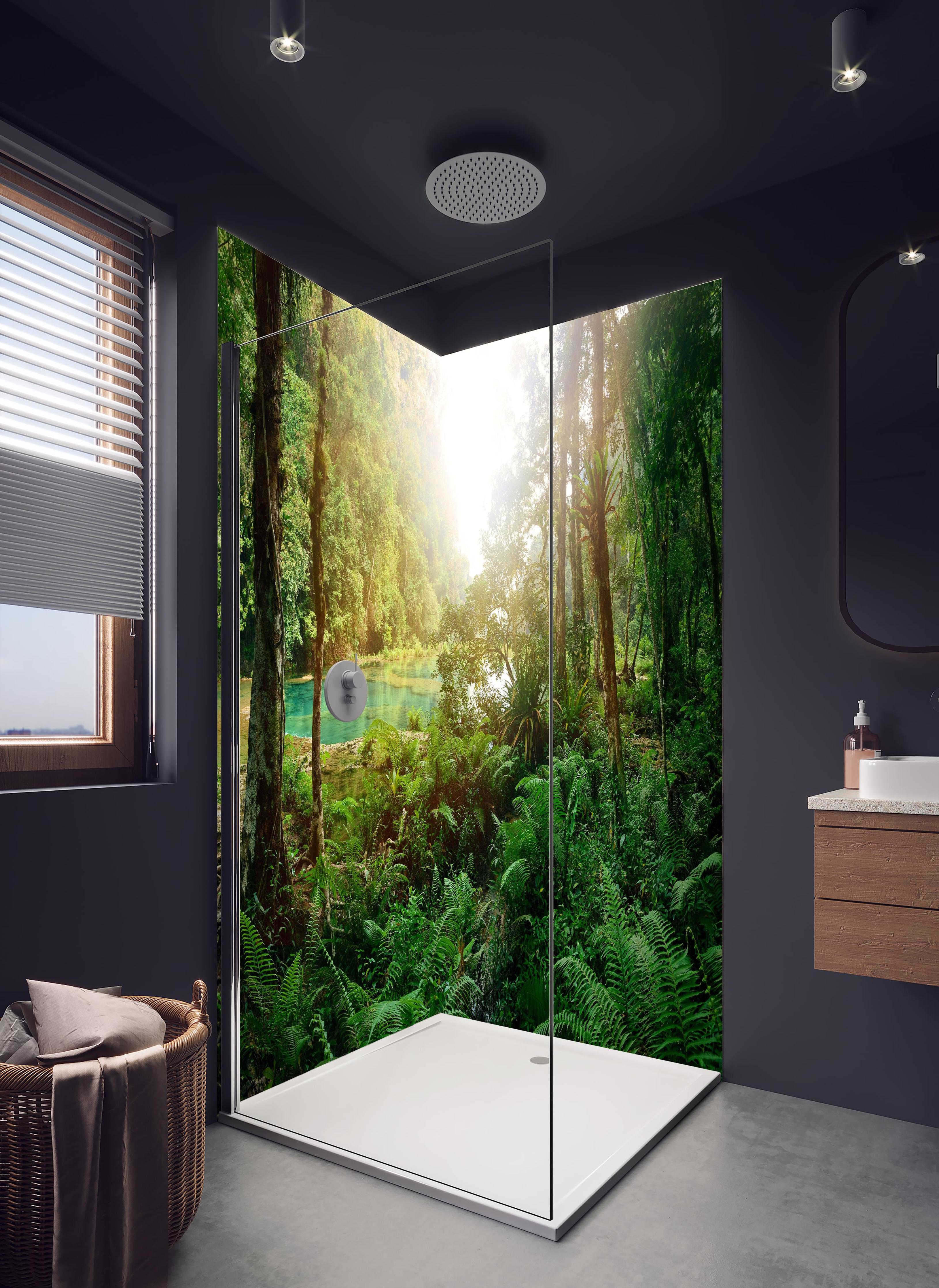 Duschrückwand - Mysteriöser Maya-Dschungel in hellem Badezimmer mit Regenduschkopf - zweiteilige Eck-Duschrückwand