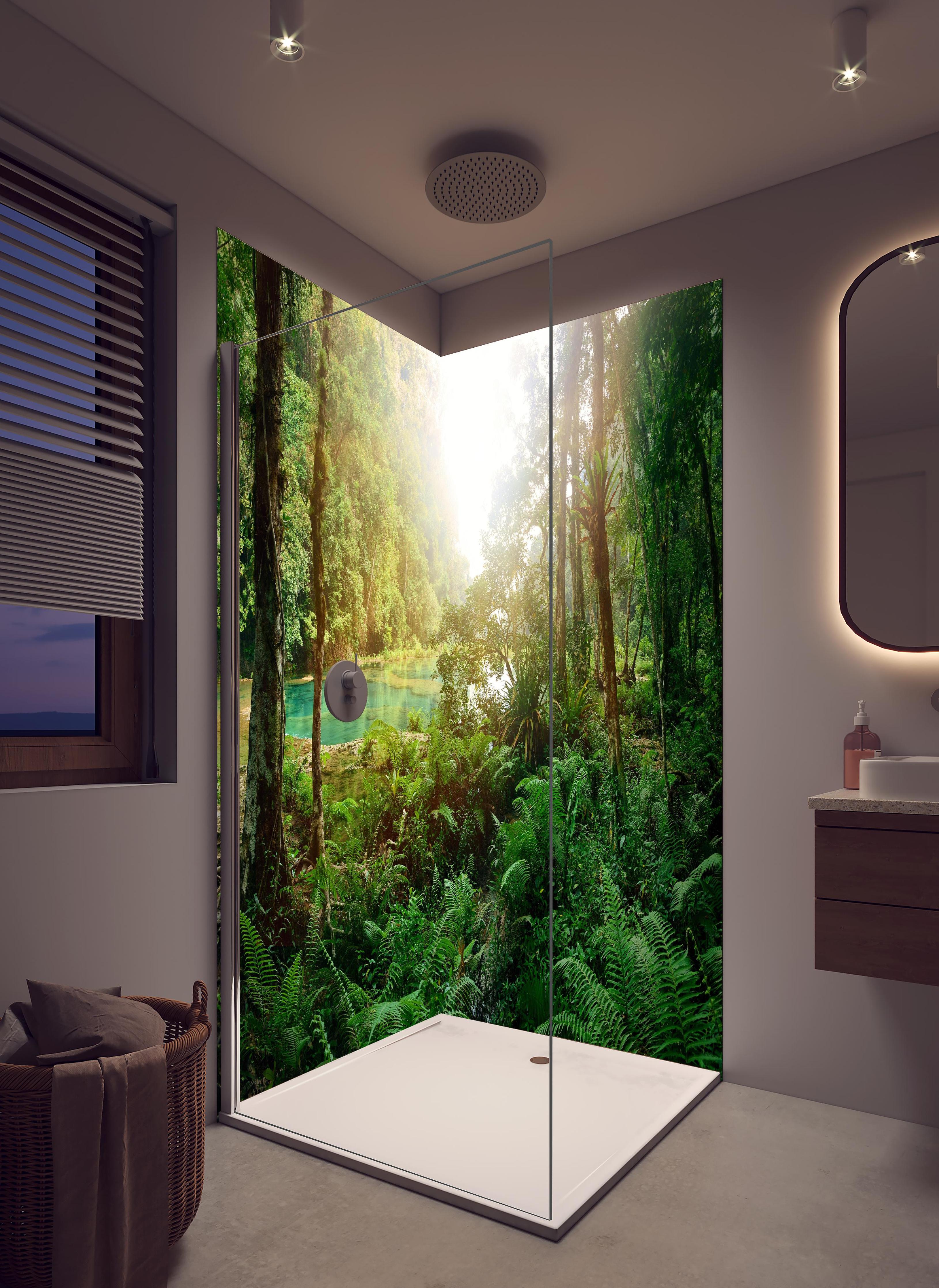 Duschrückwand - Mysteriöser Maya-Dschungel in hellem Badezimmer mit Regenduschkopf - zweiteilige Eck-Duschrückwand