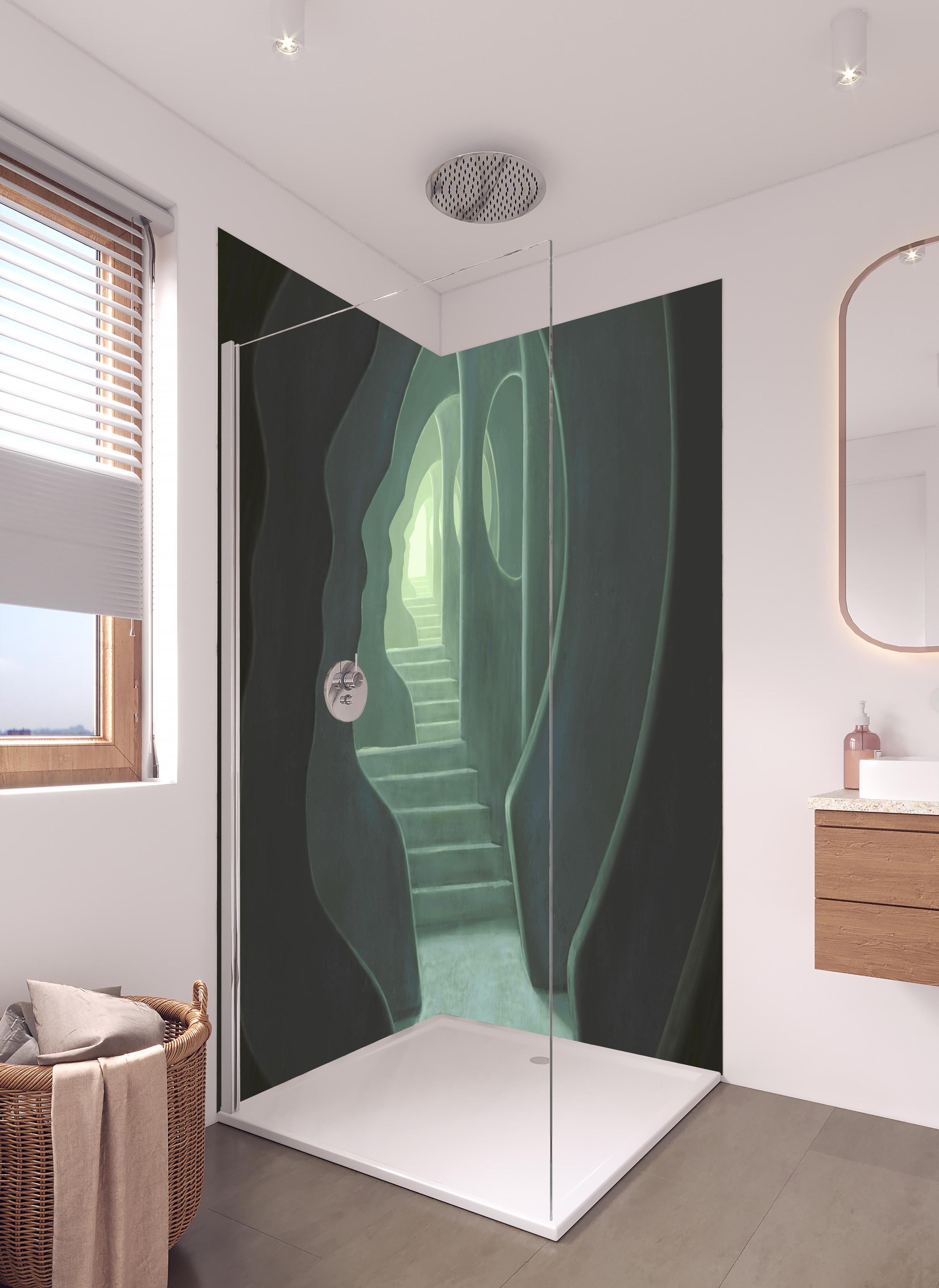 Duschrückwand - Mysteriöses Türrahmen in hellem Badezimmer mit Regenduschkopf - zweiteilige Eck-Duschrückwand