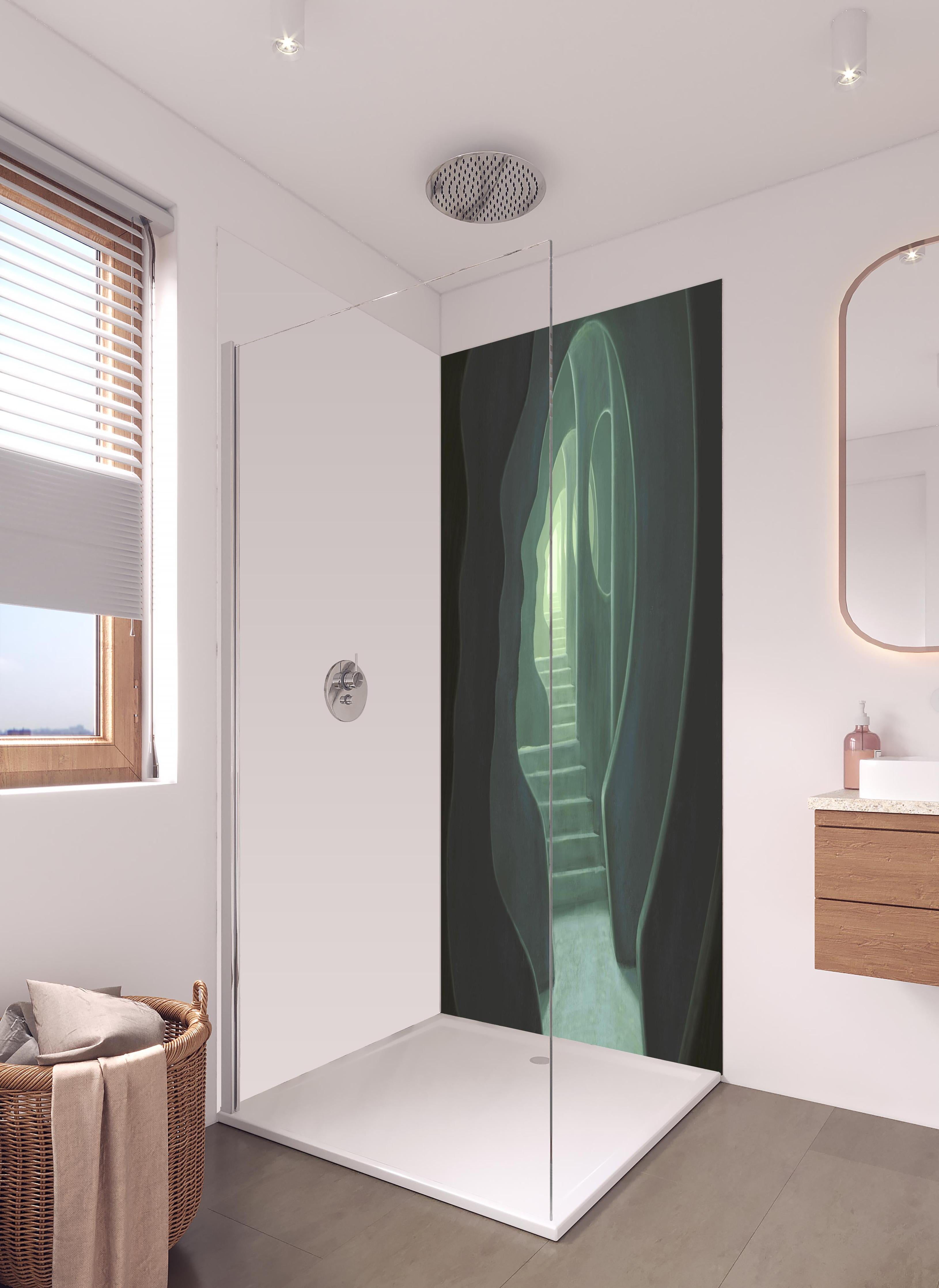 Duschrückwand - Mysteriöses Türrahmen in hellem Badezimmer mit Regenduschkopf - zweiteilige Eck-Duschrückwand