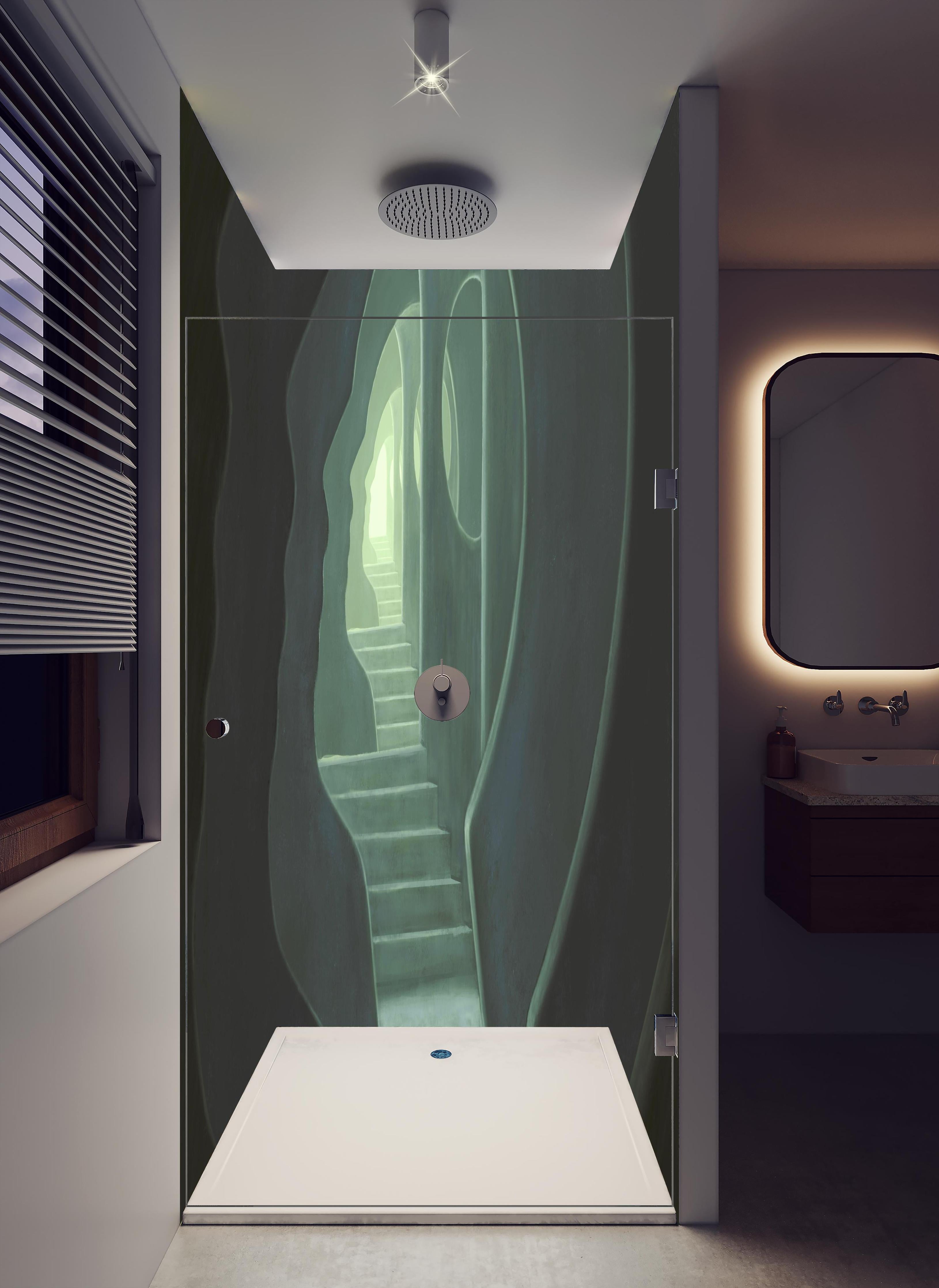 Duschrückwand - Mysteriöses Türrahmen in hellem Badezimmer mit Regenduschkopf - zweiteilige Eck-Duschrückwand
