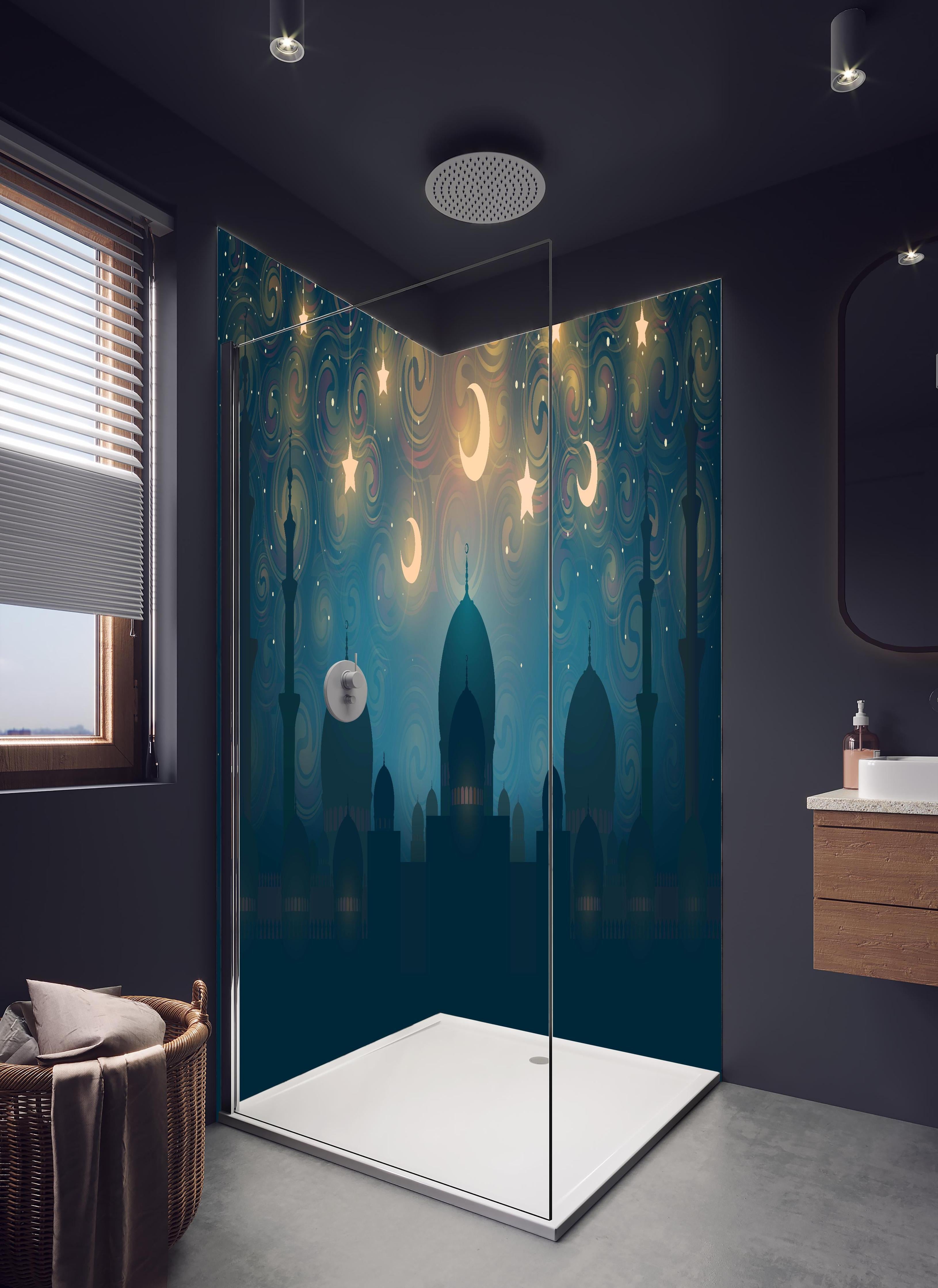 Duschrückwand - Mystische Moschee Silhouette bei Sternennacht in hellem Badezimmer mit Regenduschkopf - zweiteilige Eck-Duschrückwand