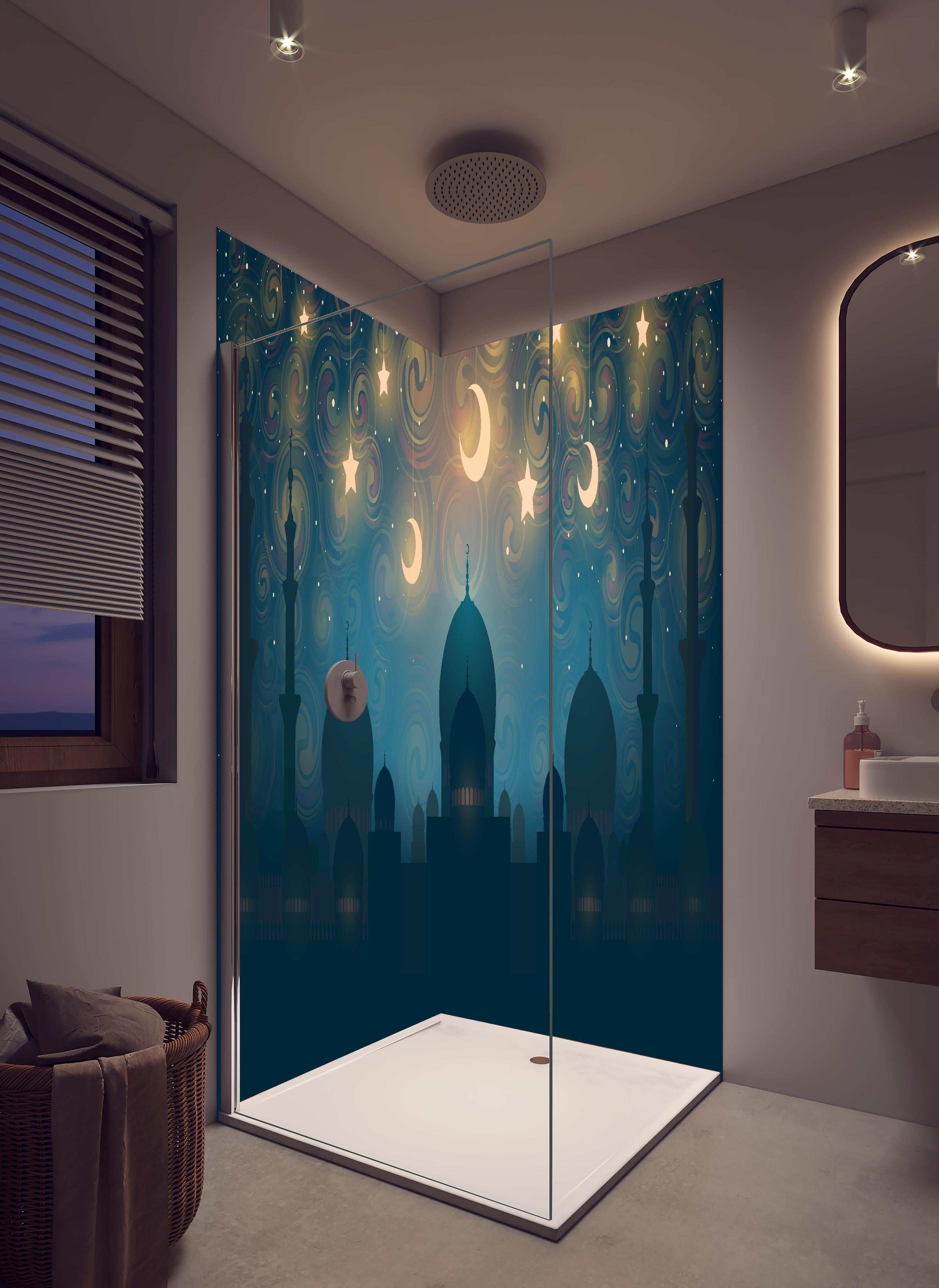 Duschrückwand - Mystische Moschee Silhouette bei Sternennacht in hellem Badezimmer mit Regenduschkopf - zweiteilige Eck-Duschrückwand