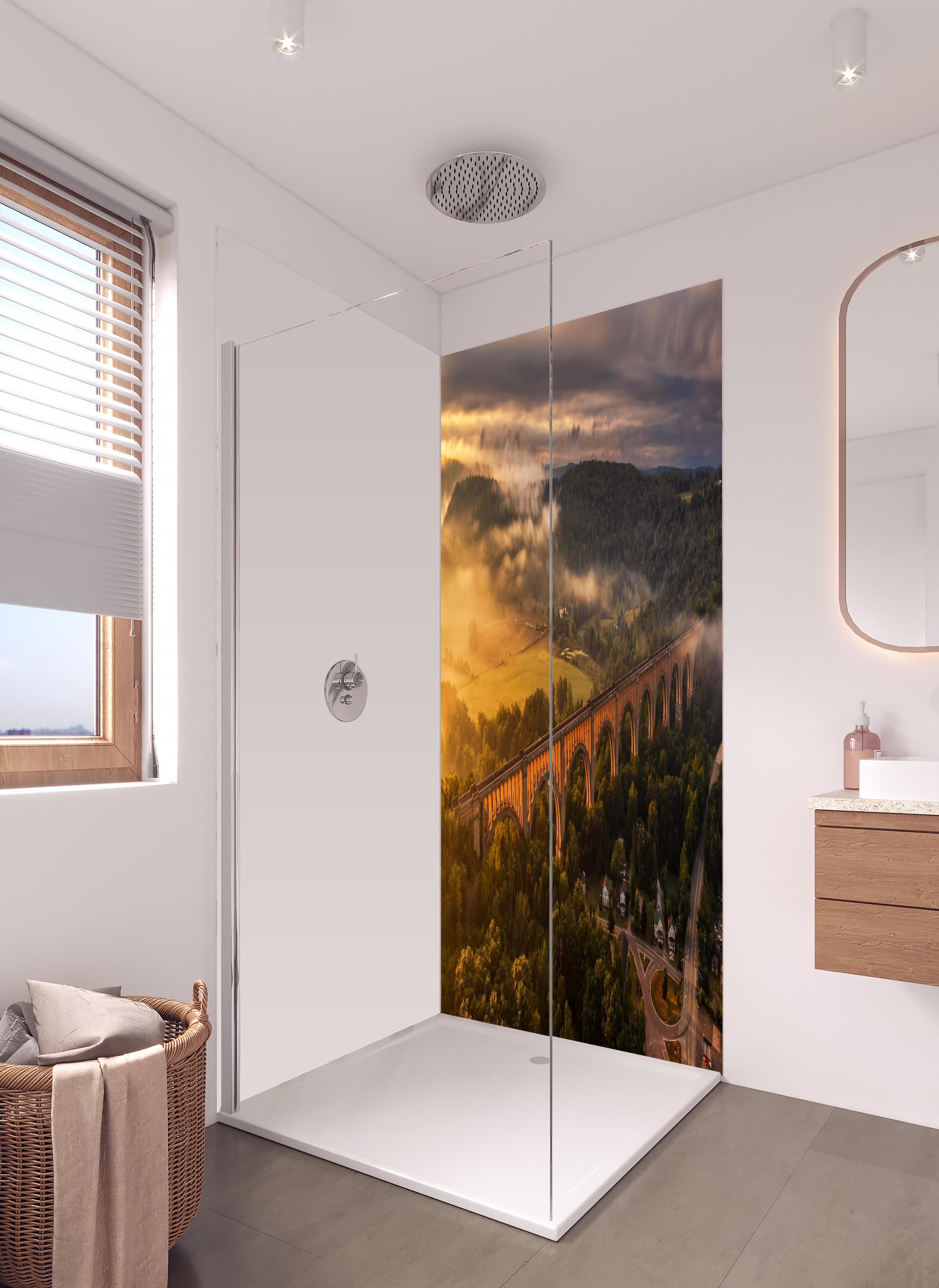 Duschrückwand - Mystischer Nebel über steinernem Viadukt in hellem Badezimmer mit Regenduschkopf - zweiteilige Eck-Duschrückwand