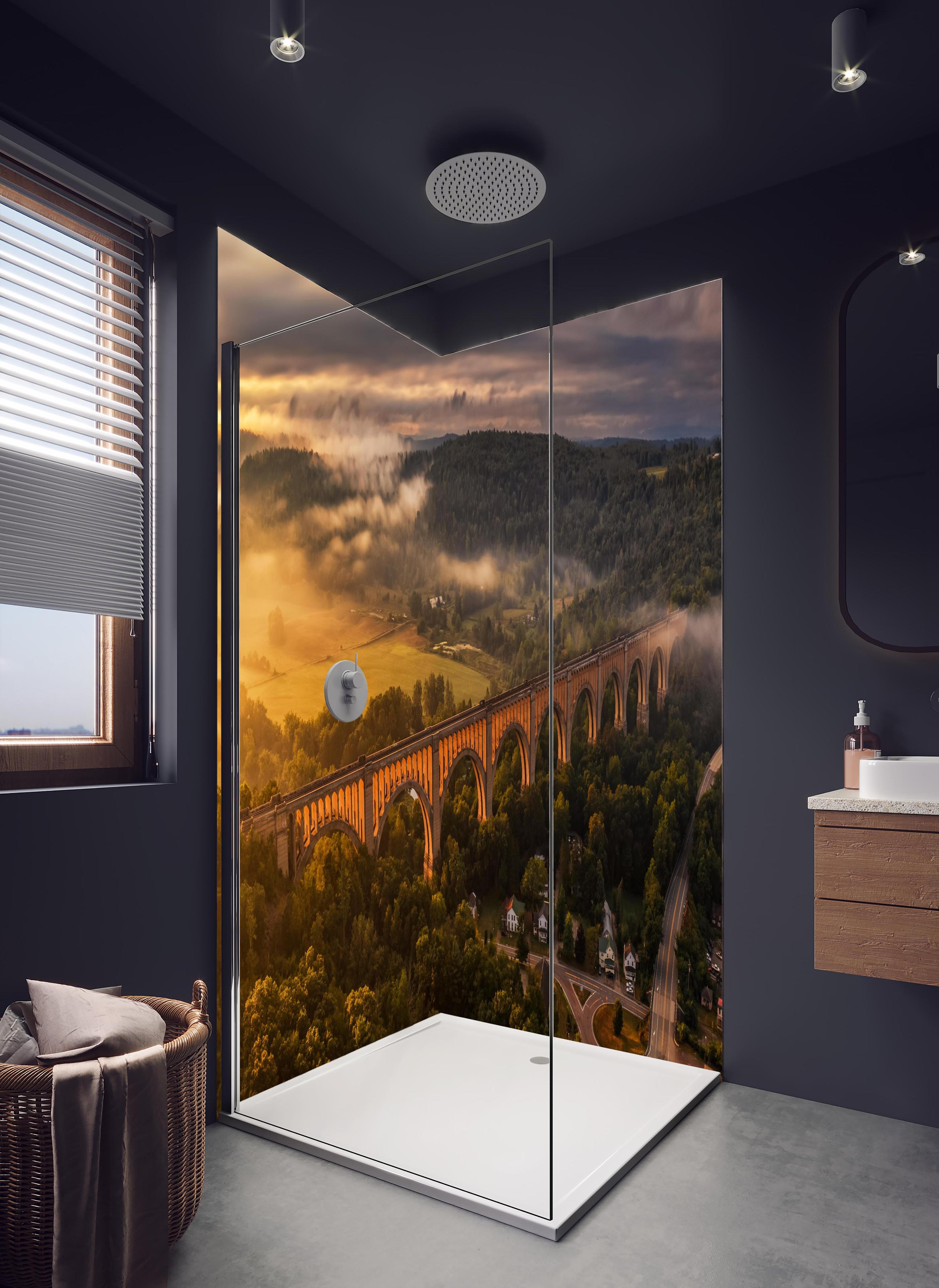 Duschrückwand - Mystischer Nebel über steinernem Viadukt in hellem Badezimmer mit Regenduschkopf - zweiteilige Eck-Duschrückwand