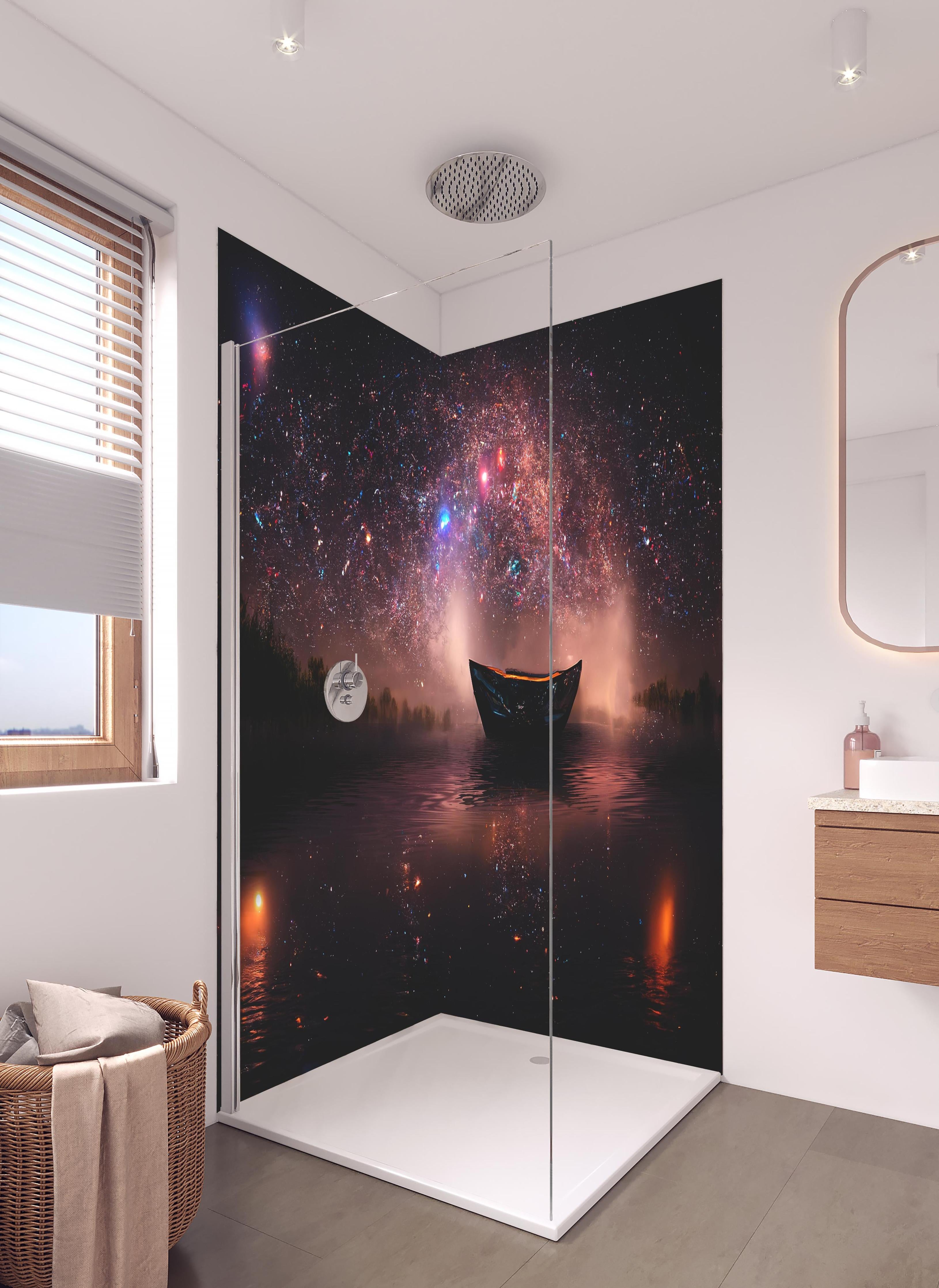 Duschrückwand - Mystischer Sternenhimmel mit Boot auf dem See in hellem Badezimmer mit Regenduschkopf - zweiteilige Eck-Duschrückwand