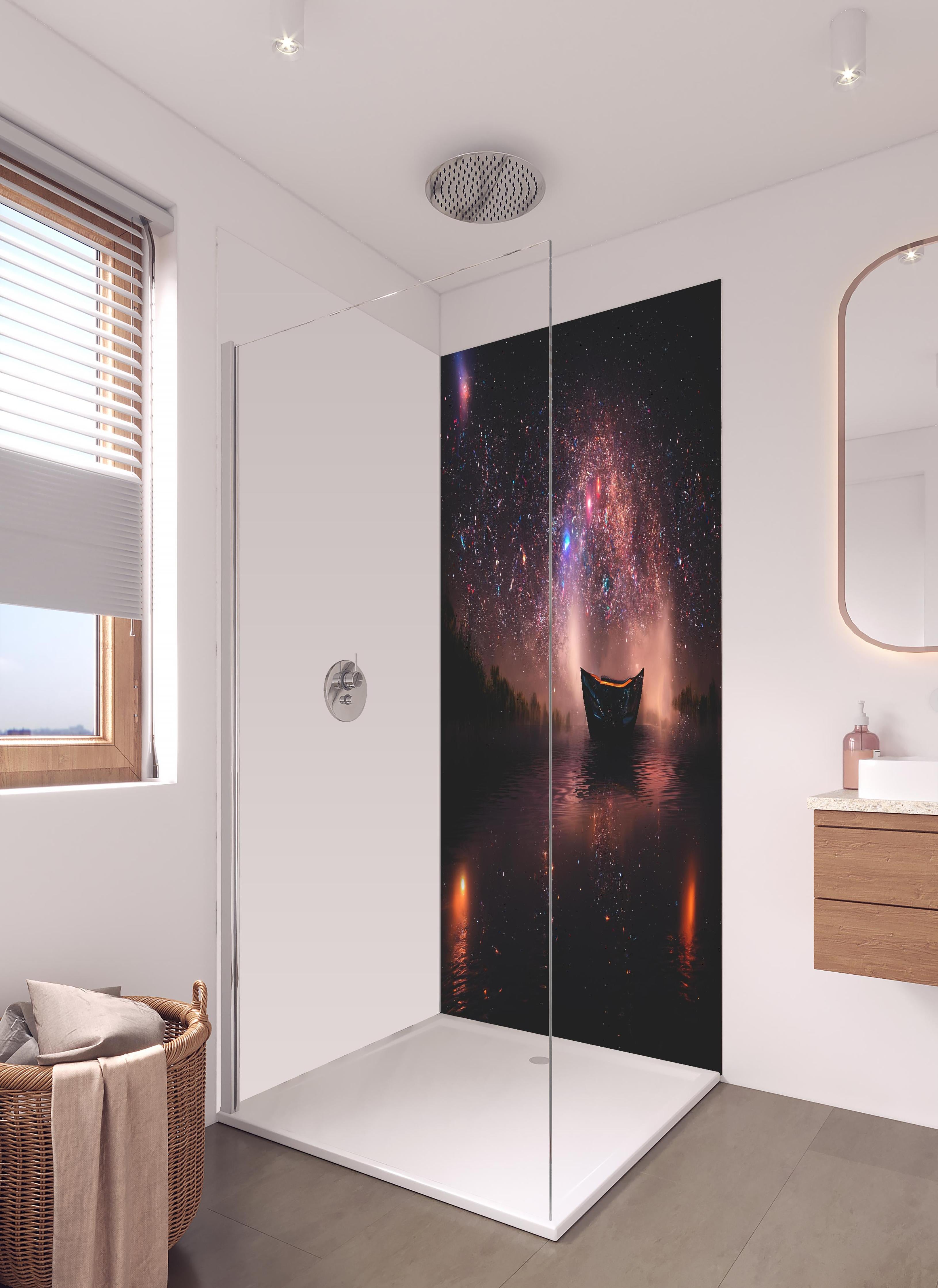 Duschrückwand - Mystischer Sternenhimmel mit Boot auf dem See in hellem Badezimmer mit Regenduschkopf - zweiteilige Eck-Duschrückwand