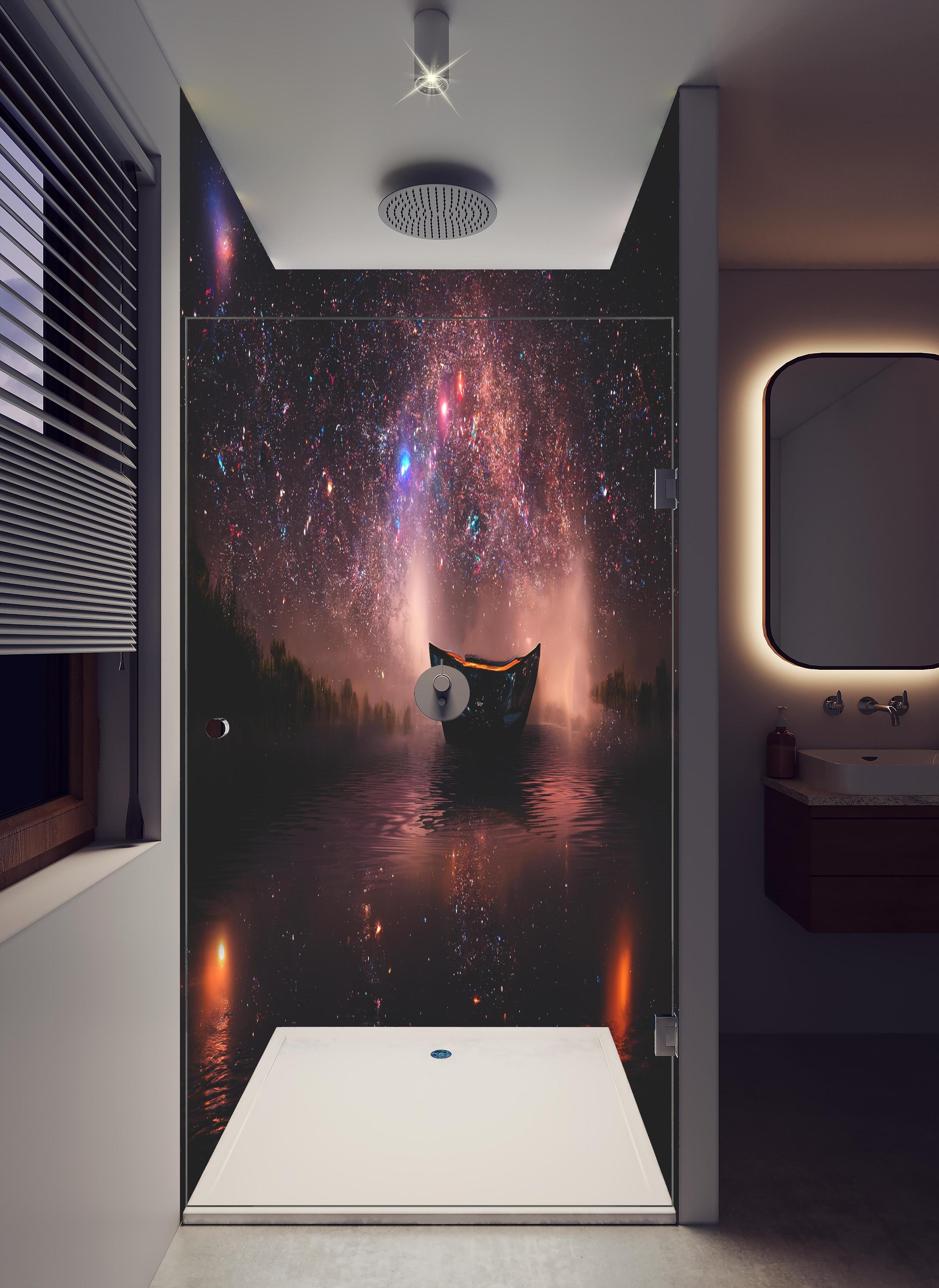 Duschrückwand - Mystischer Sternenhimmel mit Boot auf dem See in hellem Badezimmer mit Regenduschkopf - zweiteilige Eck-Duschrückwand